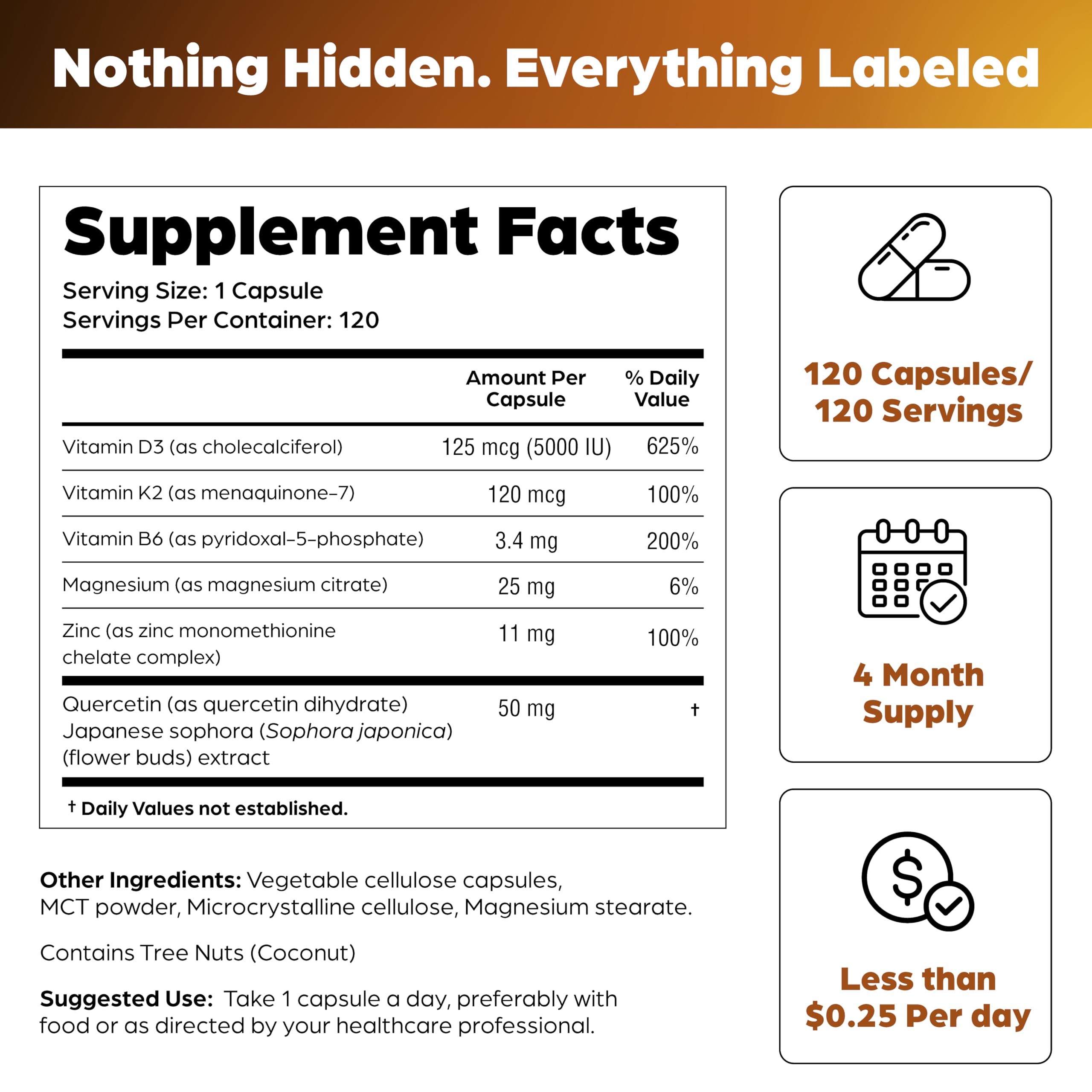 Vitamin D3 K2 5000 IU 120mcg Magnesium Zinc B6 Quercetin Capsules 120 Count — Amazon image 7