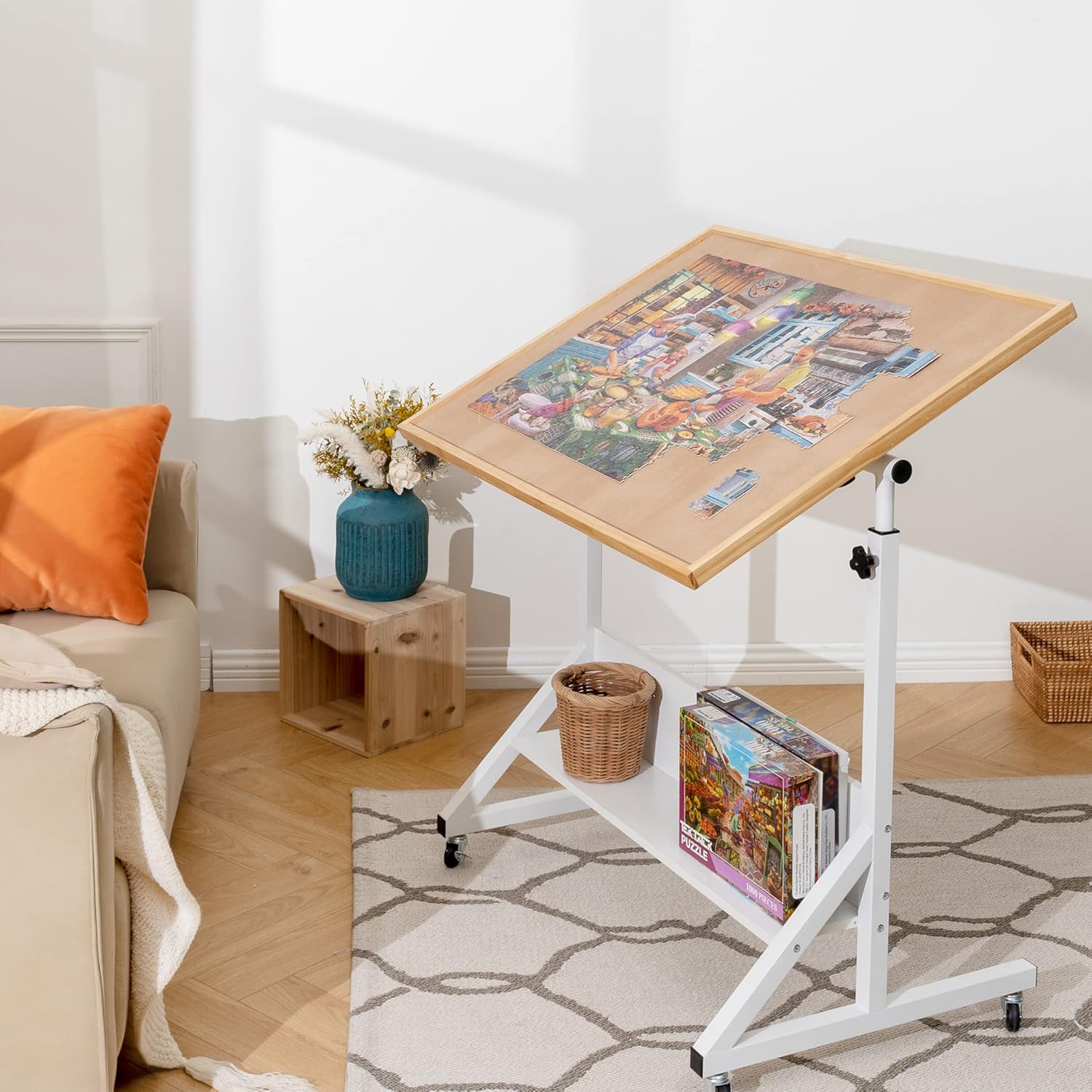 Tektalk Jigsaw Puzzle Table with Angle & Height Adjustment，Puzzle Board with Cover，Puzzle Easel Tilting Table with Legs, Enclosed with 4 Roller Wheels, for Up to 1500 Pieces