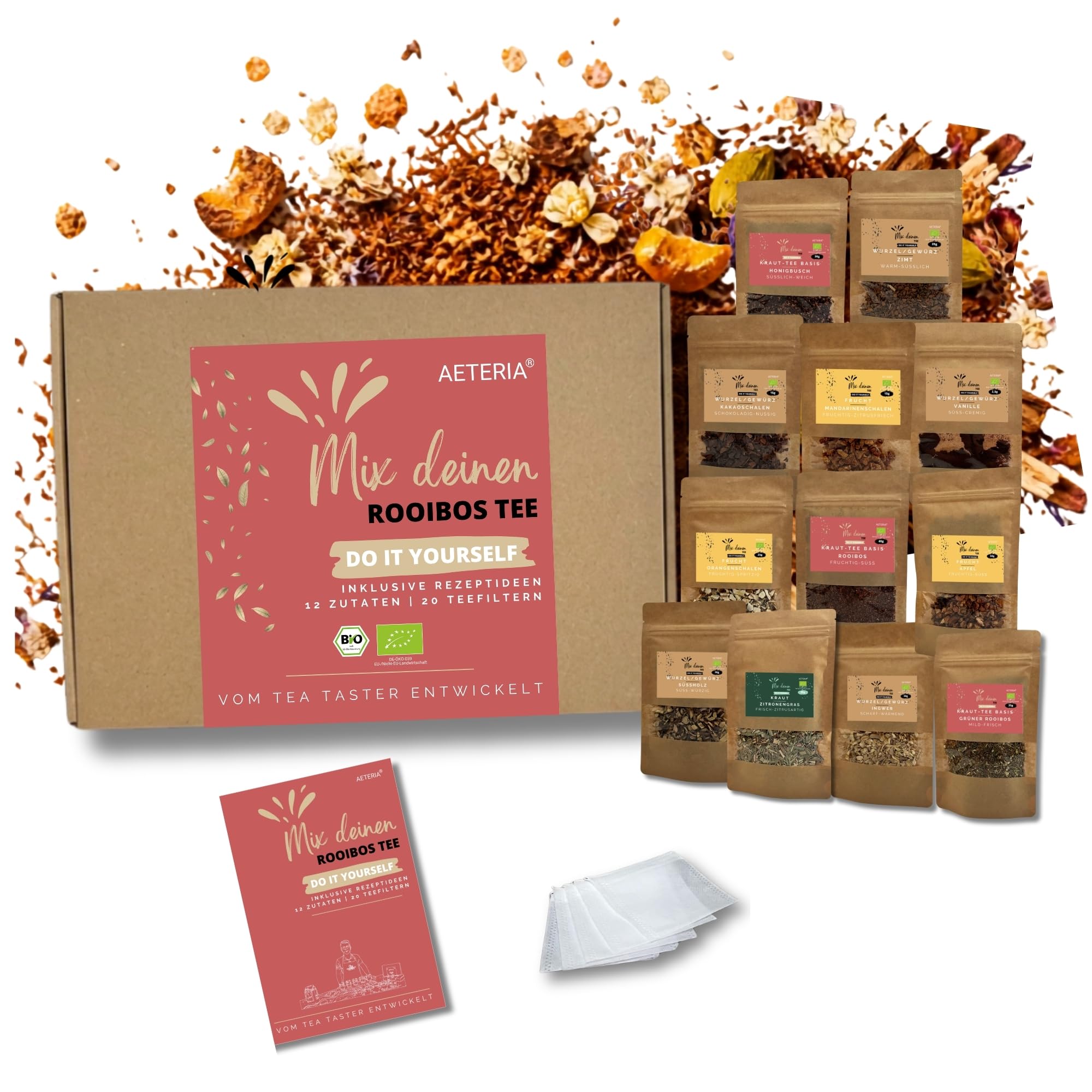 AETERIA® Vom Tea Taster: BIO Rooibos Tee selber mischen | DIY Teemischung Geschenkset – 12 Zutaten, Rezeptideen & Teefilter | Rooibostee Geschenk für Teeliebhaber