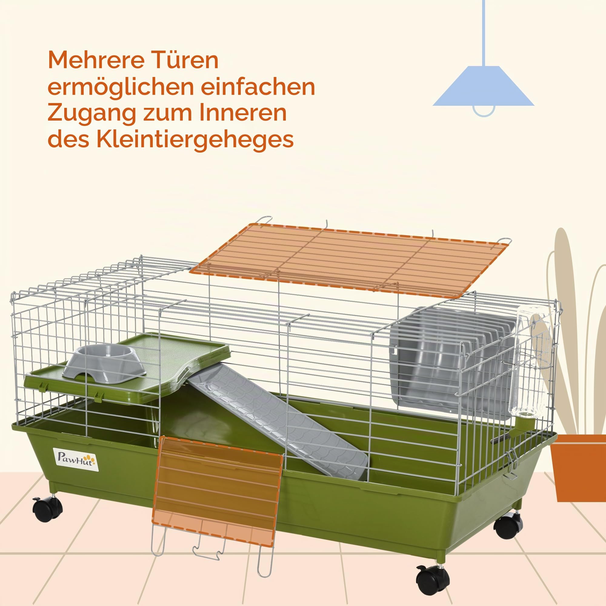 PawHut Käfig für Kaninchen Meerschweinchen mit Rädern, 89x44x43cm, Grün