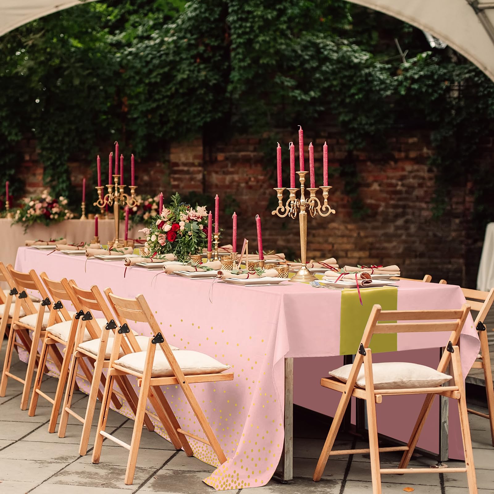 8Pack Disposable Plastic Tablecloths and Satin Table Runner Set Pink and Gold Dot Tablecloth Gold Satin Table Runner for Wedding Birthday Baby Shower Anniversary Christmas New Year Party Supplies