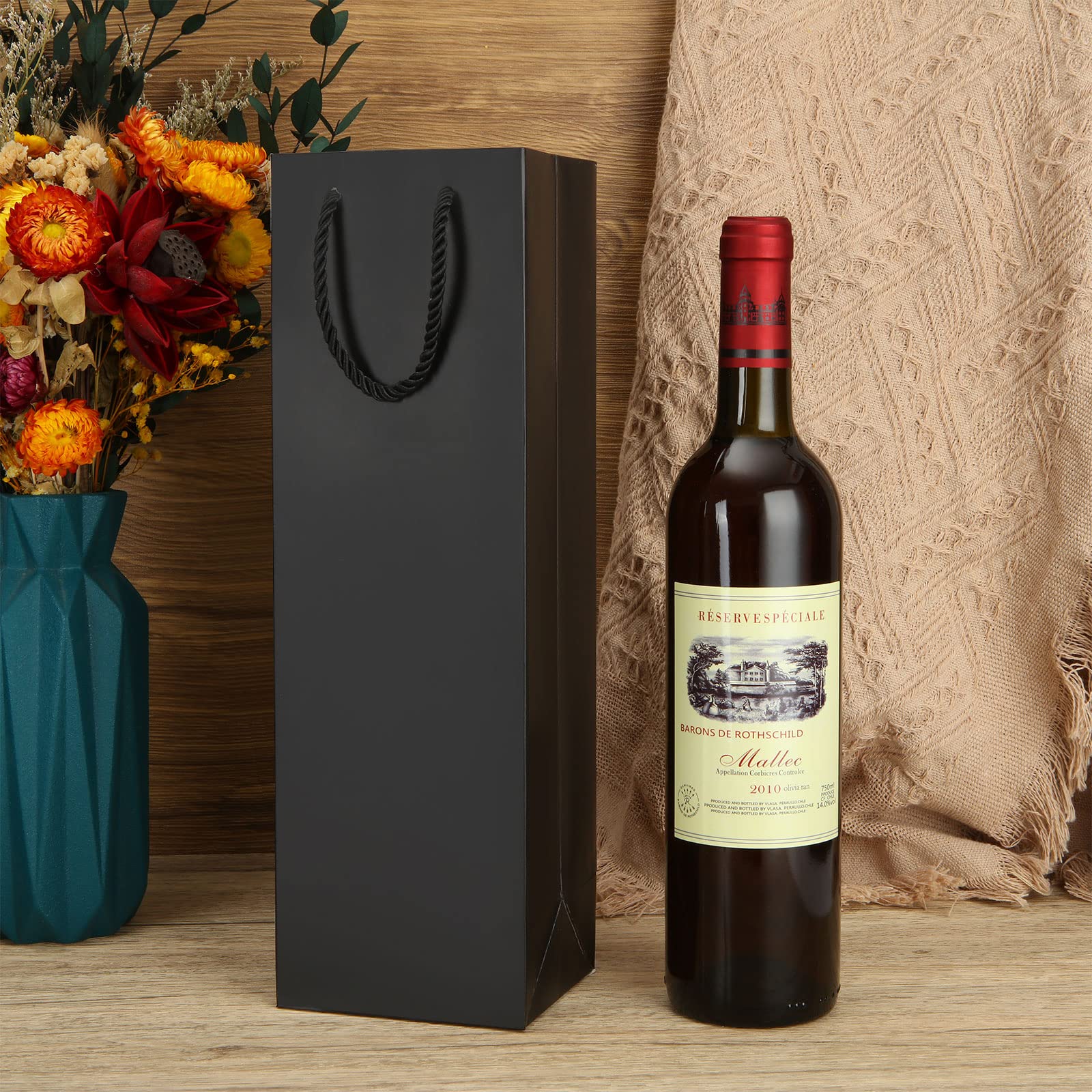 AKOLAFE 30 sacchetti regalo per bottiglie sfuse, sacchetti regalo in carta kraft, sacchetti per bottiglie di carta nera, borsa per vino ecologica economica con manici intrecciati per Natale, festa di