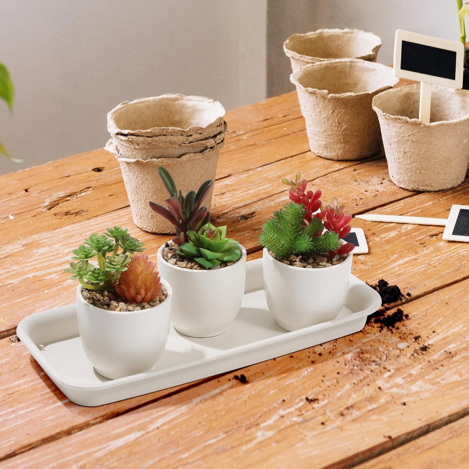 Yardwe 5 Pack Rectangular Plant Trays 12 Inch, Plastic Planter Saucers for Windowsill, Indoor Drip Tray to Catch Water & Soil, Rectangle Flower Pot Base for Gardening, Beige