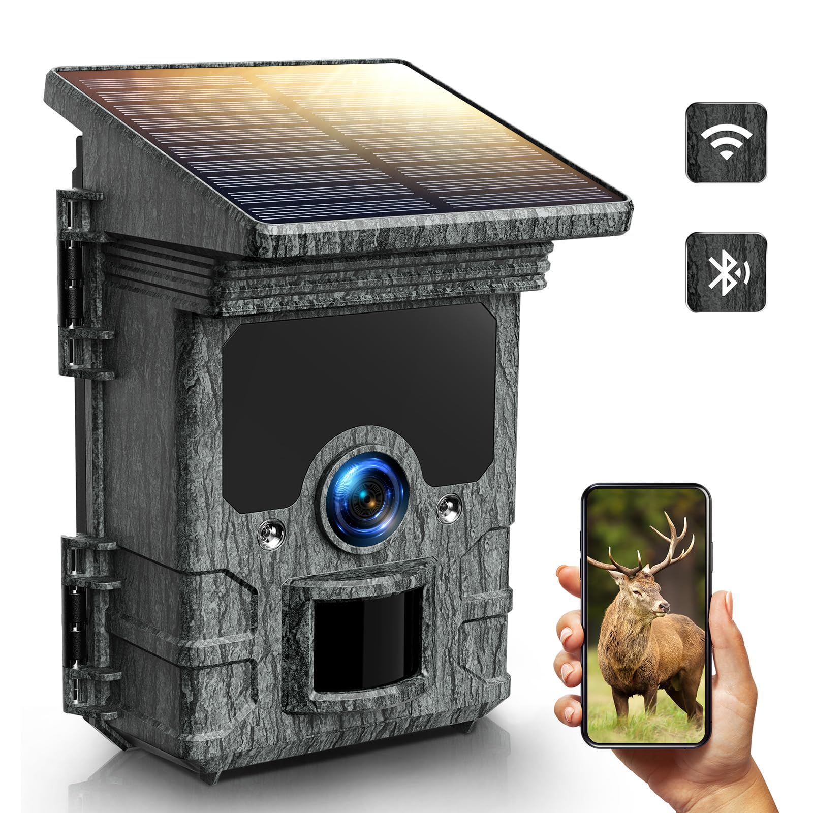 VOOPEAK Camera de Chasse Solaire - 4K UHD 85MP Camera de Chasse WiFi Bluetooth Rechargeable, Caméra Chasse Vision Nocturne Infrarouge Activée par Mouvement Temps de Déclenchement 0,1s Étanche IP66