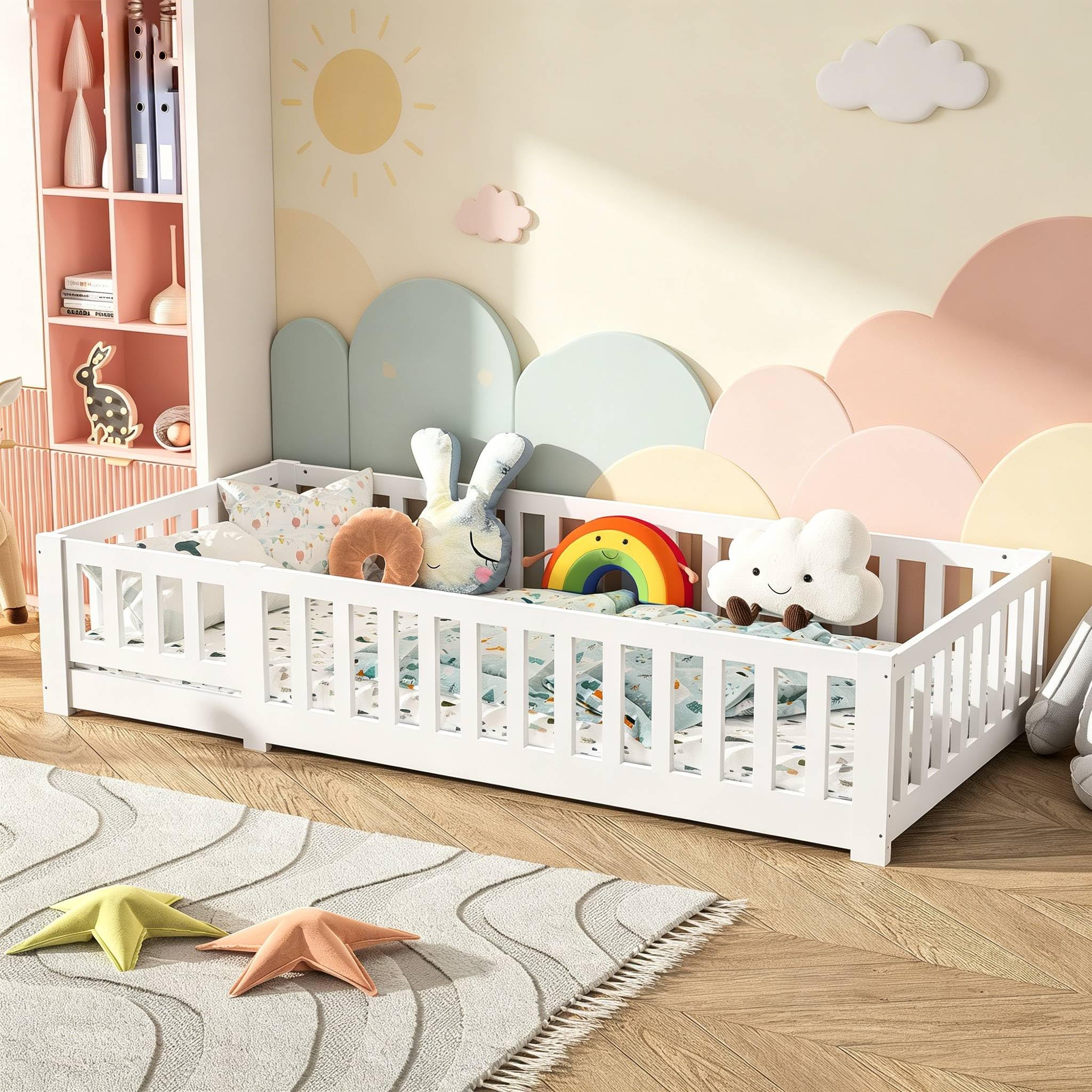 Lettino Montessori per bambini 90 x 200 cm con Protezione Anticaduta,Cama Suelo con Barandilla de Seguridad,Camas para Niños y Niñas,Telaio in Legno Massello di Pino,Bianco