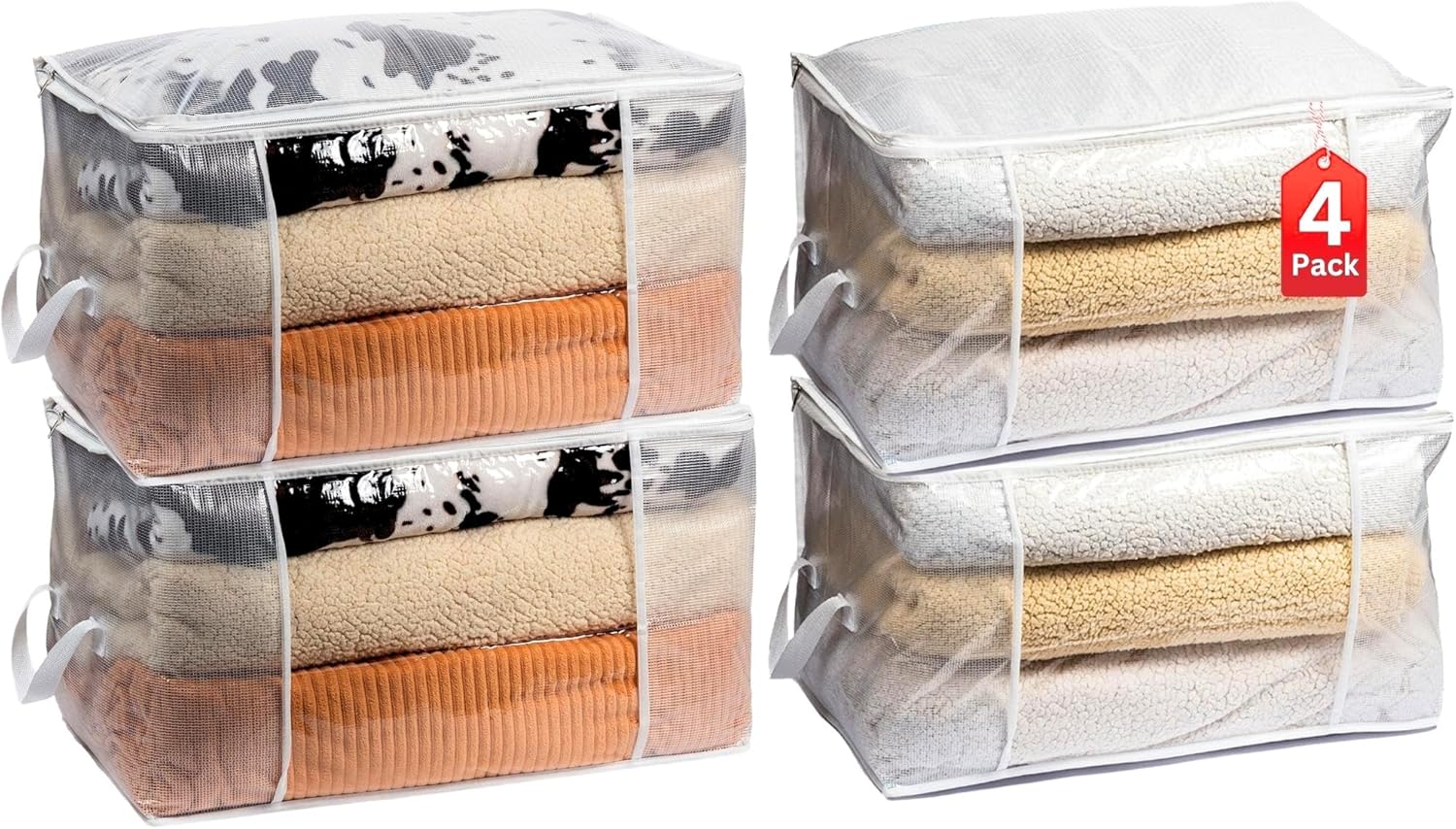 4 Pack Clothes Storage Bags - Foldable XL Clear Storage Bins Organizers for Closet, Clothing, Blanket, Quilt - Premium Organize Storage Cubes Moving - Durable Handle &Zipper - White Storage Containers