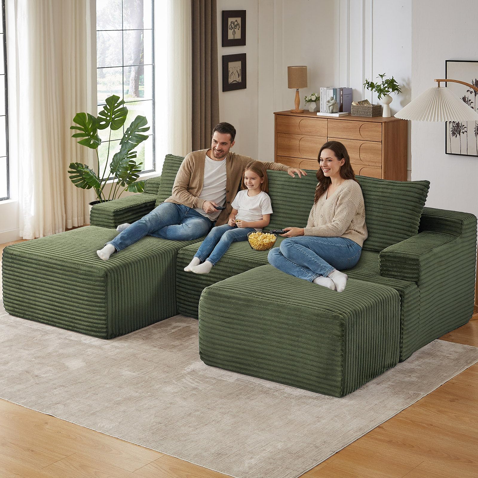 96" U-Shape Cloud Couch, Modern Modular Sectional L-Shape Sofa with Ottoman, Corduroy Upholstered Couches Deep Seat Sleeper Chaise Longue for Living Room, No Assembly Required(Green, Left Facing)