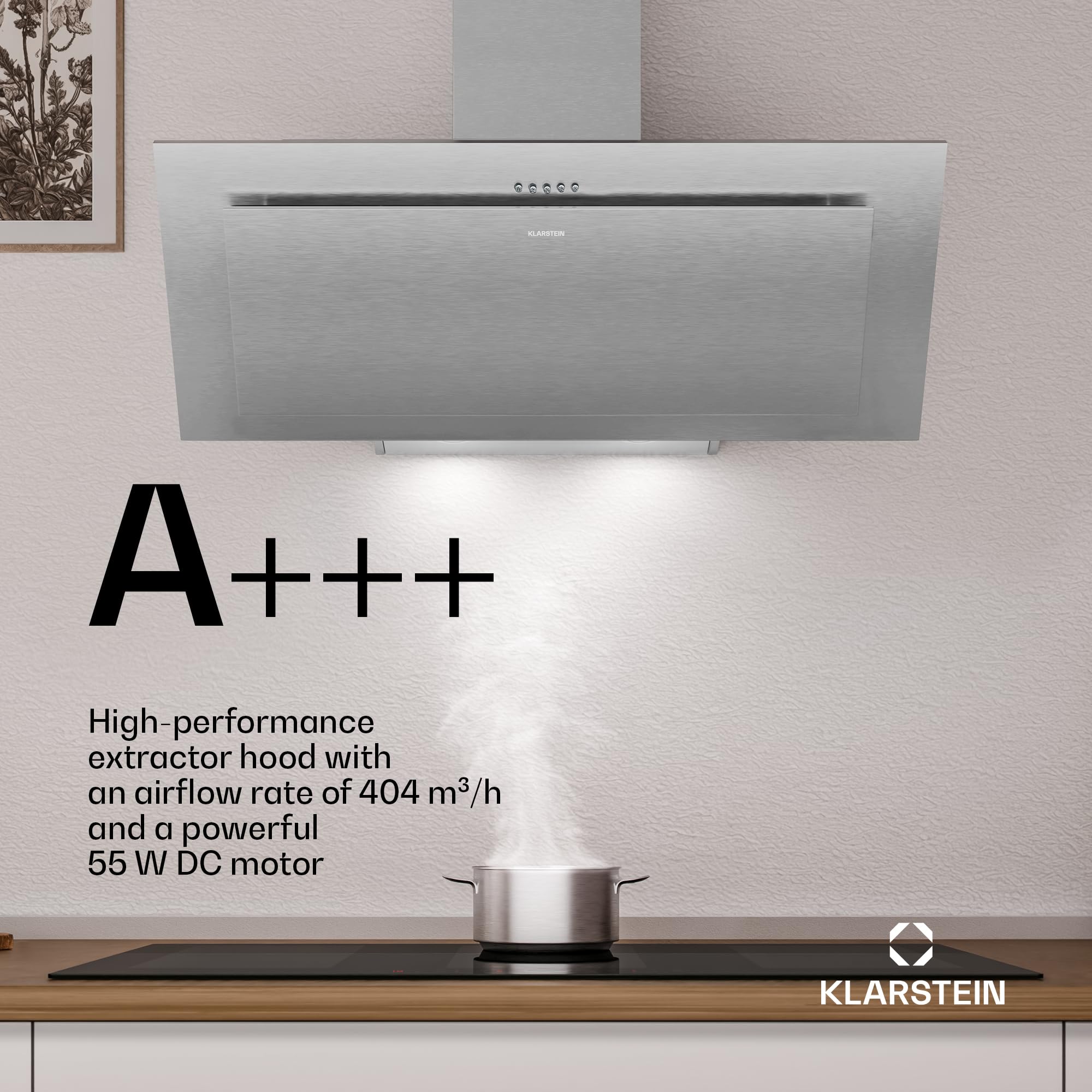 Klarstein Athena Kopffreihaube 90 cm – 254 m³/h, A+++, LED-Beleuchtung, 3 Stufen & Boost, Abzugshaube Küche, Umluft & Abluft, leise, Aluminium- & Aktivkohlefilter, modernes Design, Edelstahl