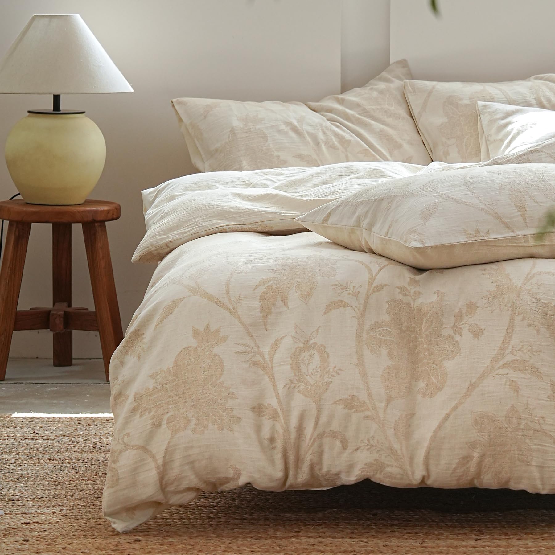SOULFUL Leinen Bettwäsche 200x200 Baumwolle,Jacquard Boho Textur Bettwäsche-Sets Enthält 1 Bettbezug 200x200 und 2 Kissenbezug 80x80,Öko-Tex 100 Zertifiziert,Botanical