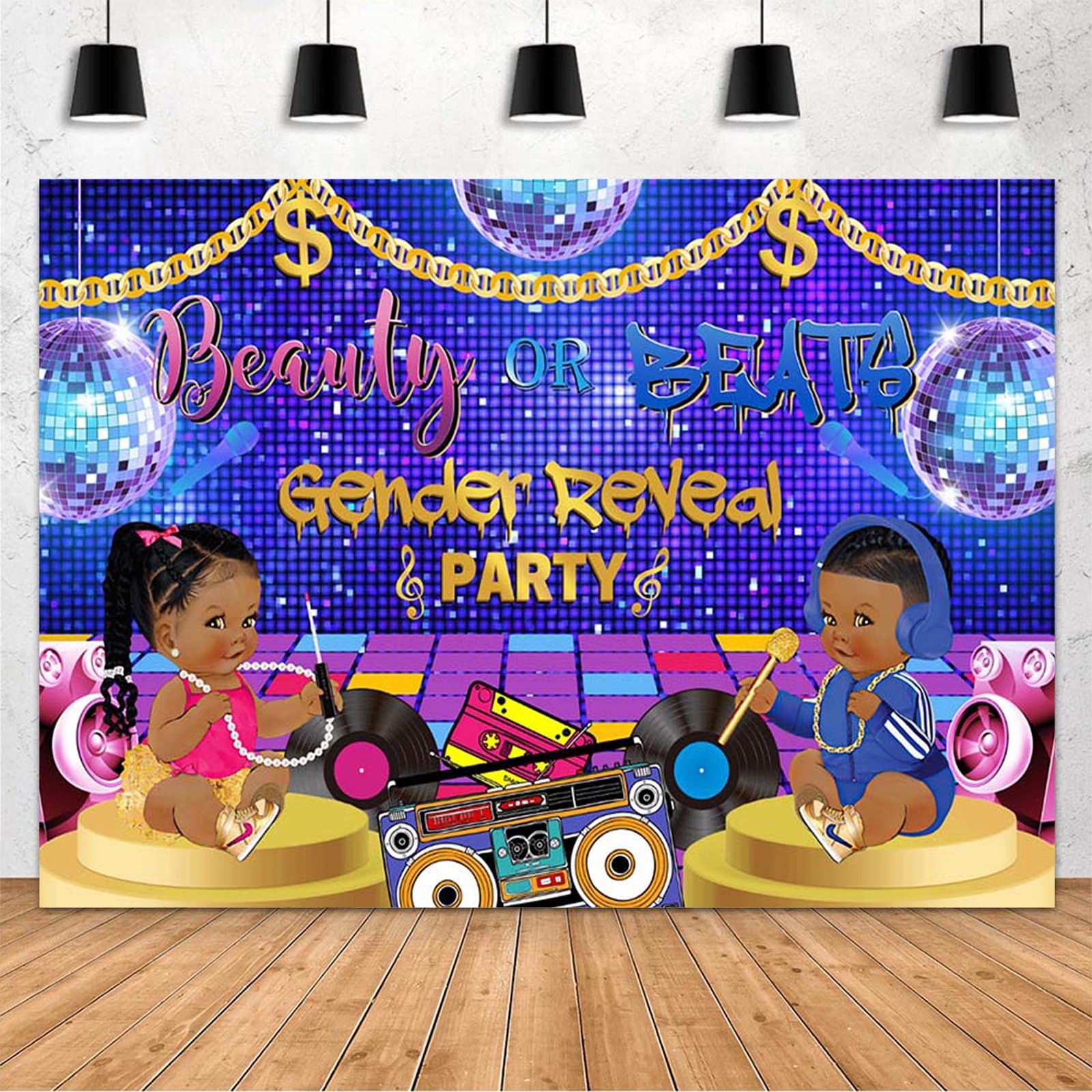 MEHOFOND 10x7ft Hiphop Gender Reveal Backdrop Boy or Girl Beauty or Beat Baby Shower Reveal Party Decorations Oldschool Music Stereo Retro Radio