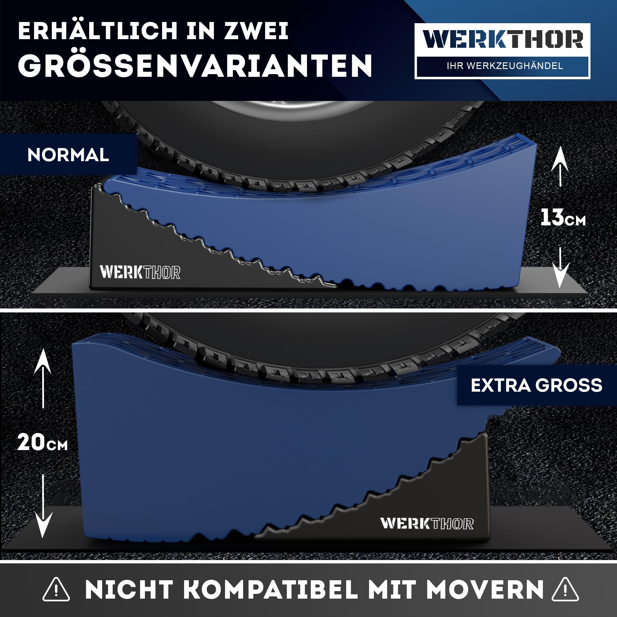 WERKTHOR Auffahrkeile Wohnmobil (Blau) – [2er Set] bewährte Auffahrkeile für Wohnwagen, Camper & Anhänger [<13,5t] – Stufenfreies Nivellieren, Unterlegkeile Wohnmobil inkl. Transporttasche (XXL)