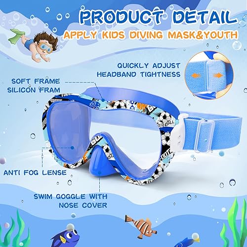 Miniatura 6 de Gafas de natación para niños con cubierta para la nariz, máscara de esnórquel panorámica de 180 con diseño antivaho y antifugas, correa de tela