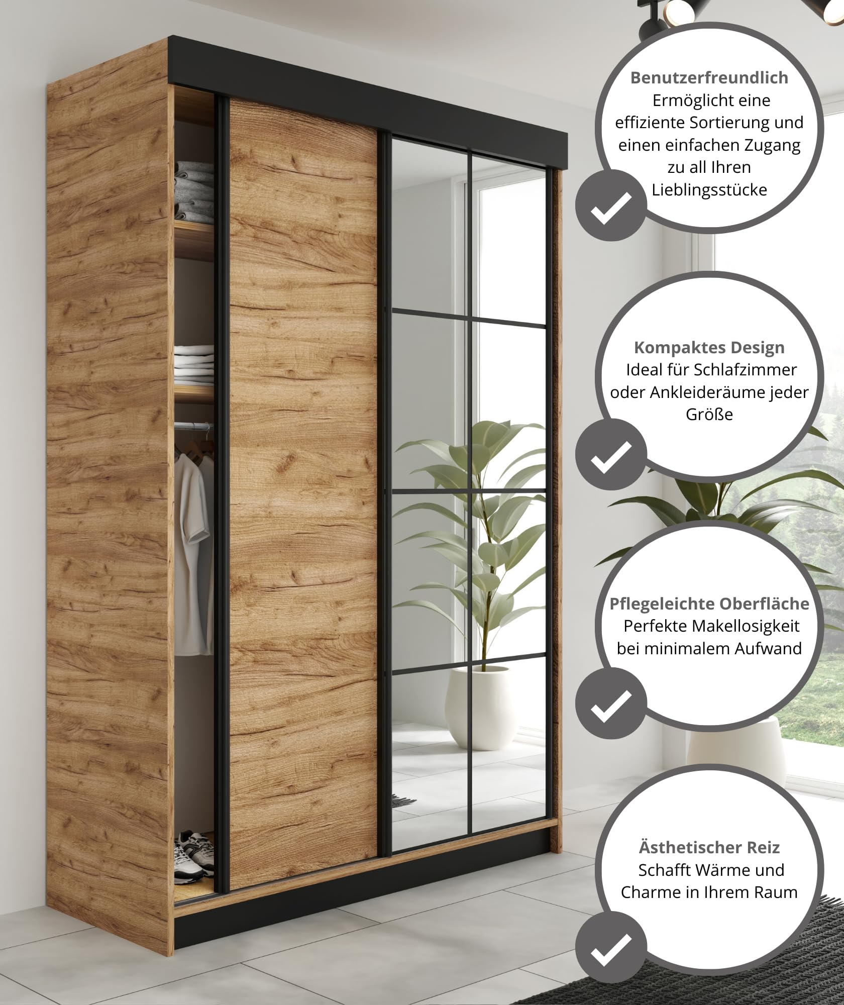 KIER FURNITURE Armoire 138x205x59 cm avec Miroir - LAMARO - Armoire de Rangement Dressing - Garde‑Robe Placard Penderie - Meuble de Rangement Vêtements - Chambre Adulte & Enfant - Noir & Old Style