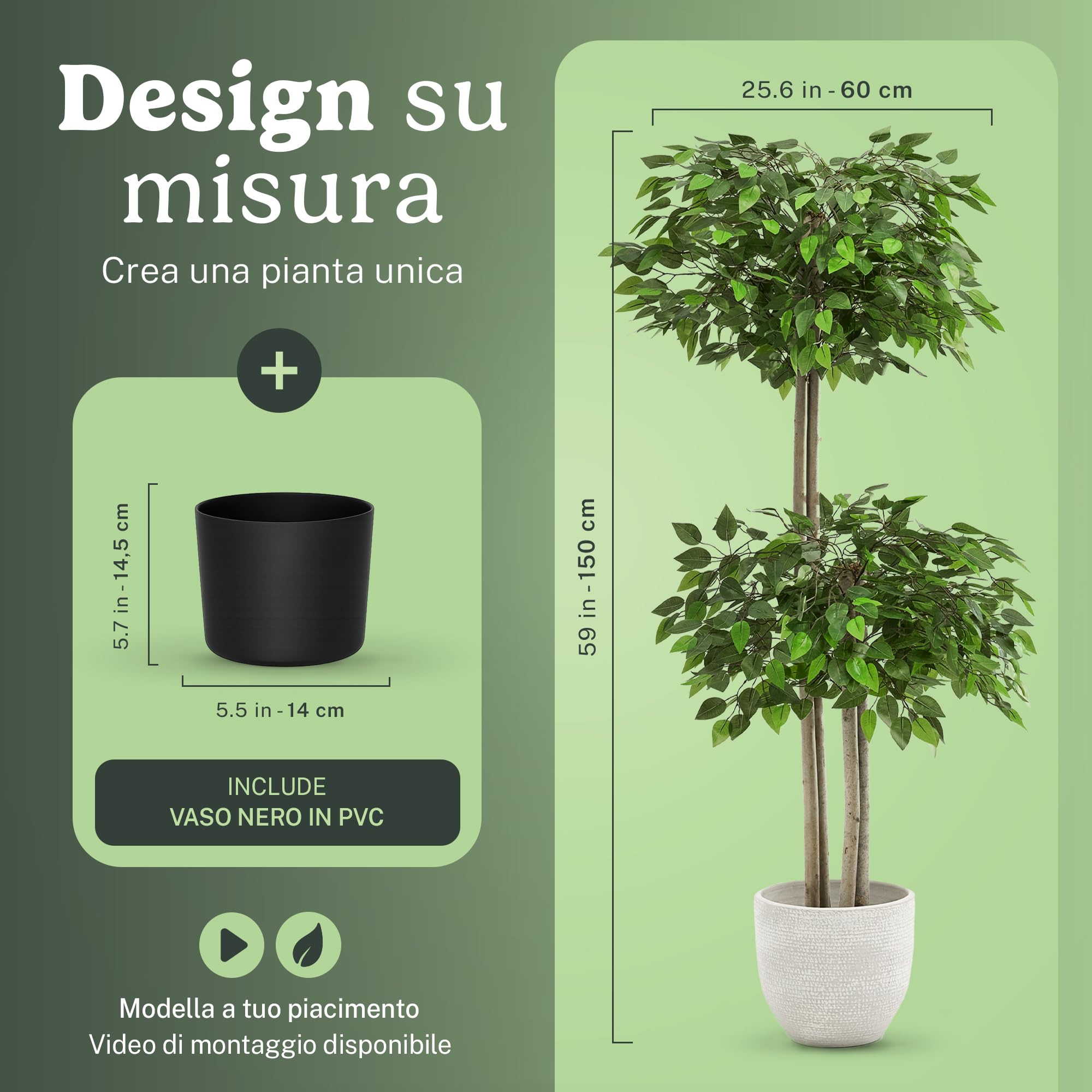 Piante Finte da Interno - Ficus Artificiale, 150 x 60 cm con 2 Chiome di Foglie, Albero Artificiale con Vaso in Plastica, Decorazioni Casa
