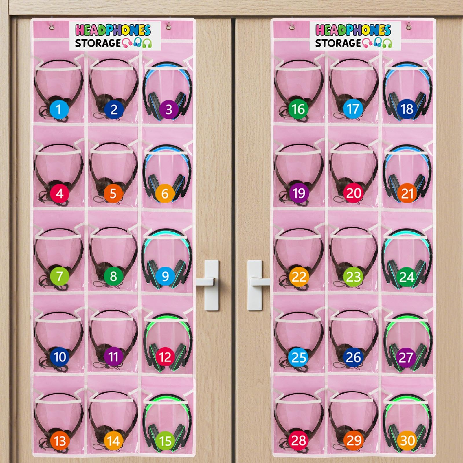 Olpchee 2 Pack Classroom Headphone Storage Organizer with 30 Pockets, PVC Clear Classroom Pocket Chart for Headphone Cell Phone Over-the-Door Hanging