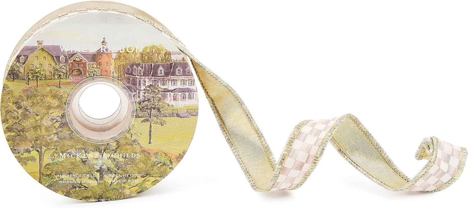 MACKENZIE-CHILDS Ribbon, Gift Wrapping and Decorative Craft Ribbon, 1 Inch Wide, 10 Yards, Brown-and-White Mocha Check