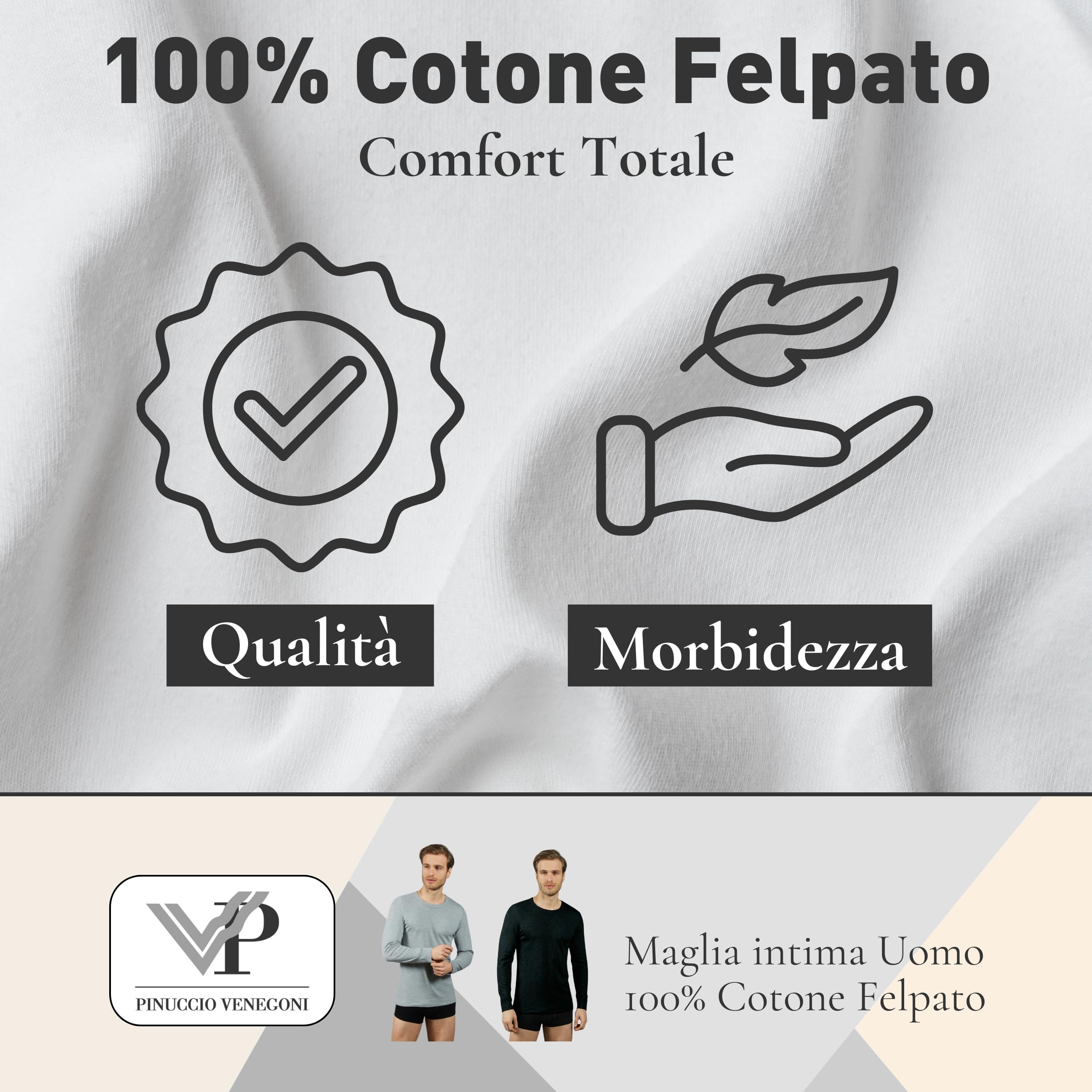 VP PINUCCIO VENEGONI Maglia Manica Lunga Uomo (Pacco da 2) 100% Cotone Felpato | Maglia Termica Uomo Invernale, Girocollo, Maglia Intima, Made in Italy