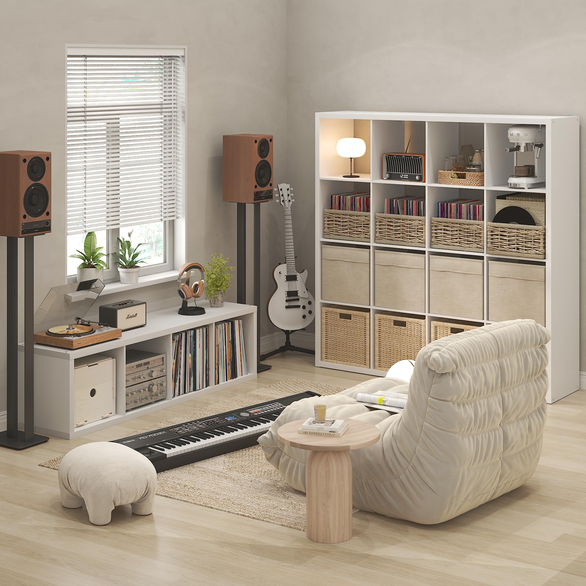 Furinno CUBICLE Mobile per Giradischi con Raccoglitore per Vinili, 4-Cube 1.2 Extra Spesso Raccoglitore per Dischi in Vinile, Scaffale Multimediale Aperto sul Retro per CD DVD Dischi, Bianco