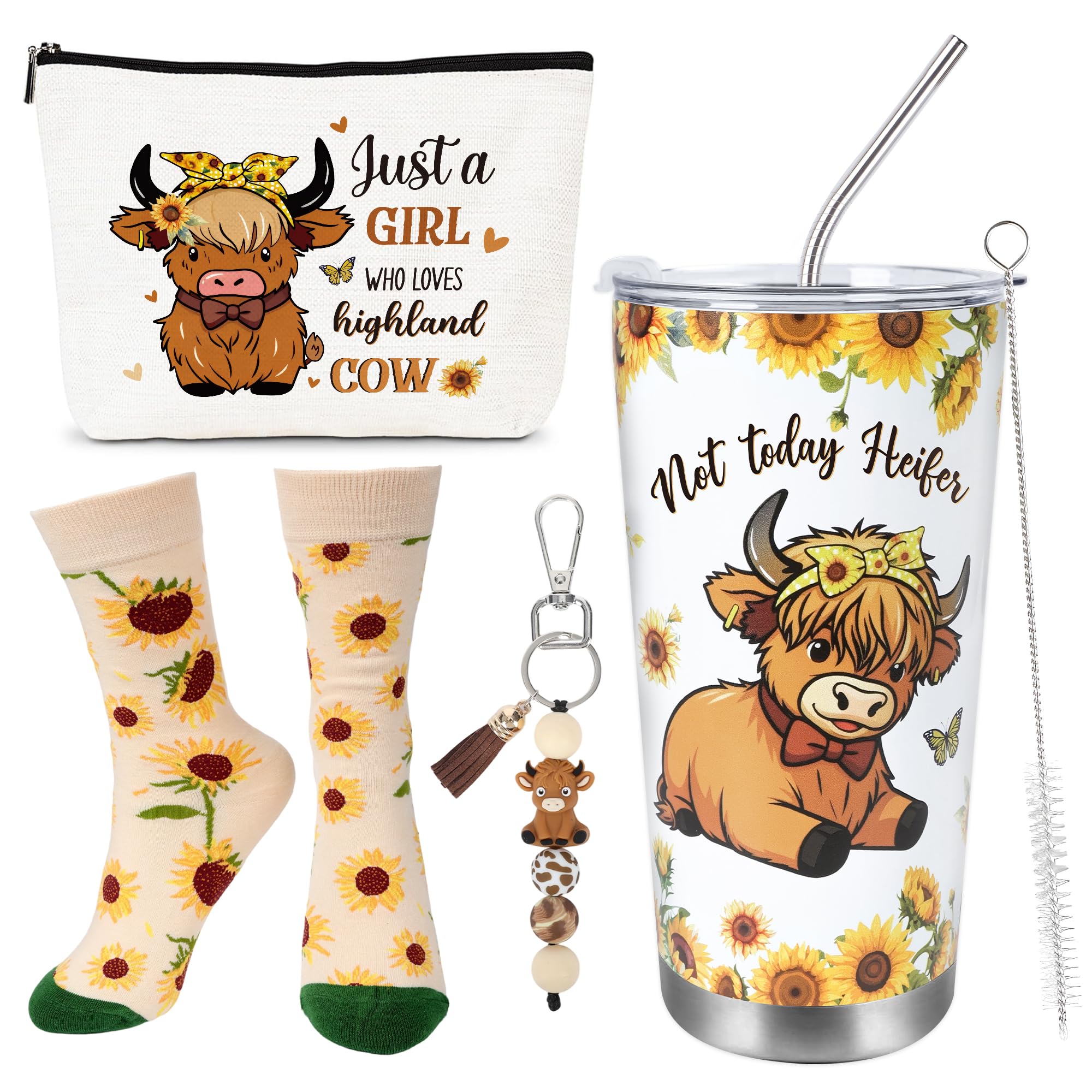 JoyAura 4 Pcs Highland Cow Gifts Sunflower Cartoon Highland Cattle Mug Set