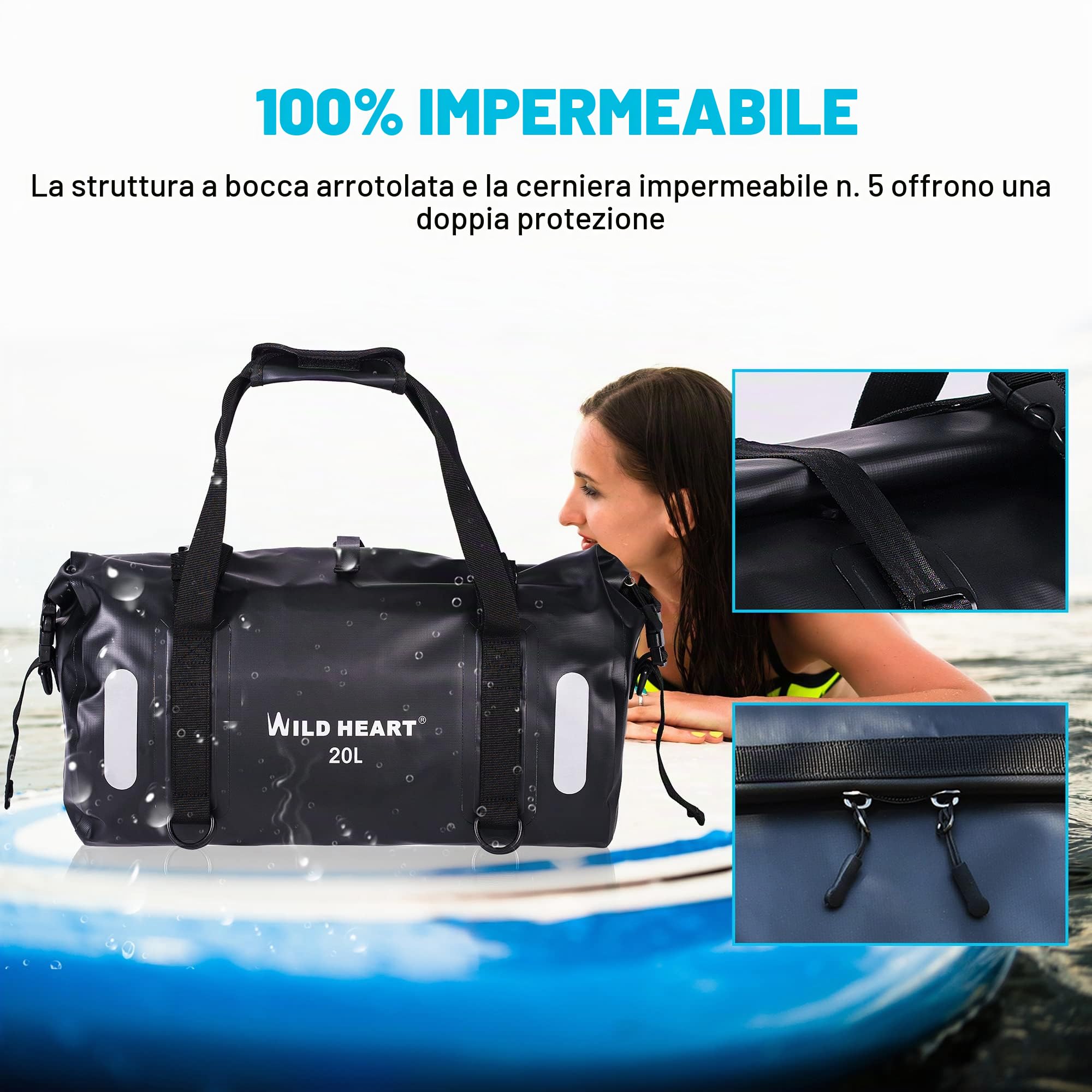 WILD HEART Borsa Impermeabile 20L 30L 40L con Cuciture saldate Spallacci a Tracolla, Tasca in Rete per Kayak, Campeggio, Barca, Bicicletta, Moto, Blu