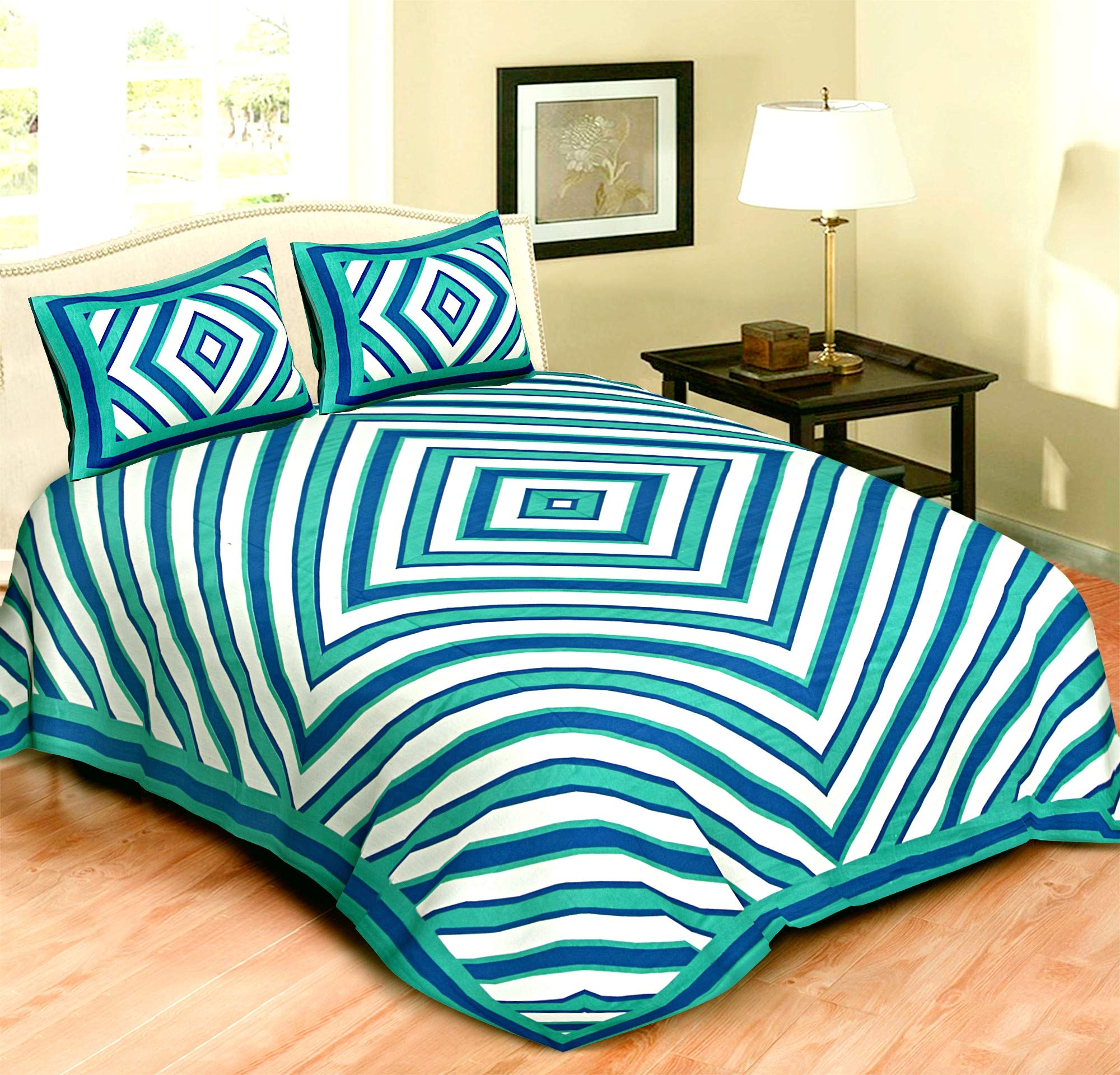 Sanvee Collection Jaipuri Classic Print Cotton Double BedSheet 90"x108" (Aqua Green)