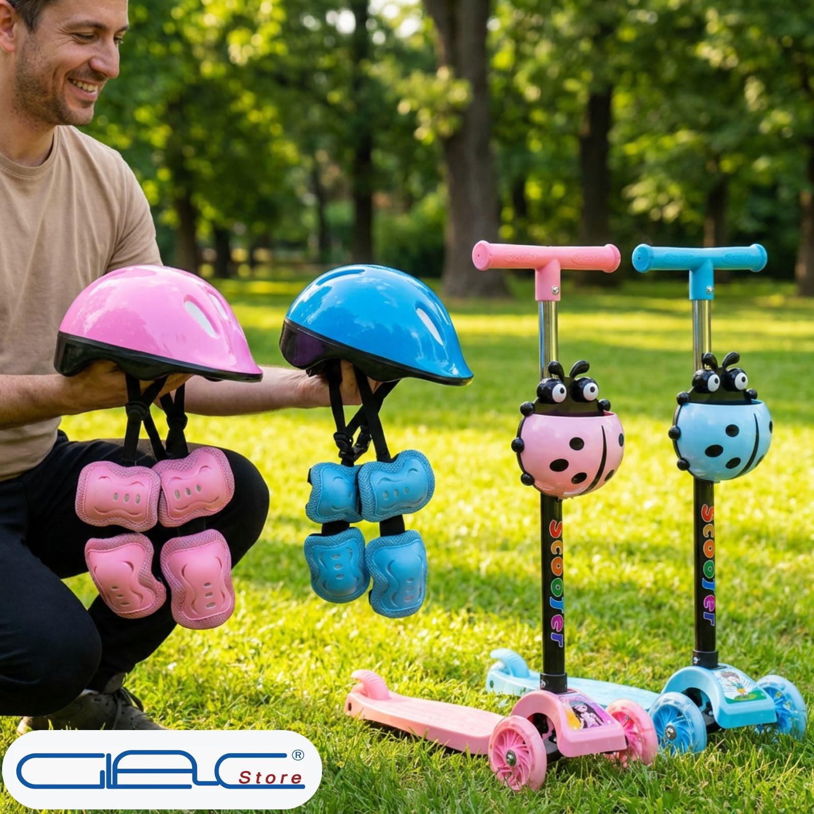 Monopattino per Bambini 3+, 3 Ruote con Luci LED, Manubrio Regolabile 52-72 cm, Design Coccinella, Rosa o Azzurro
