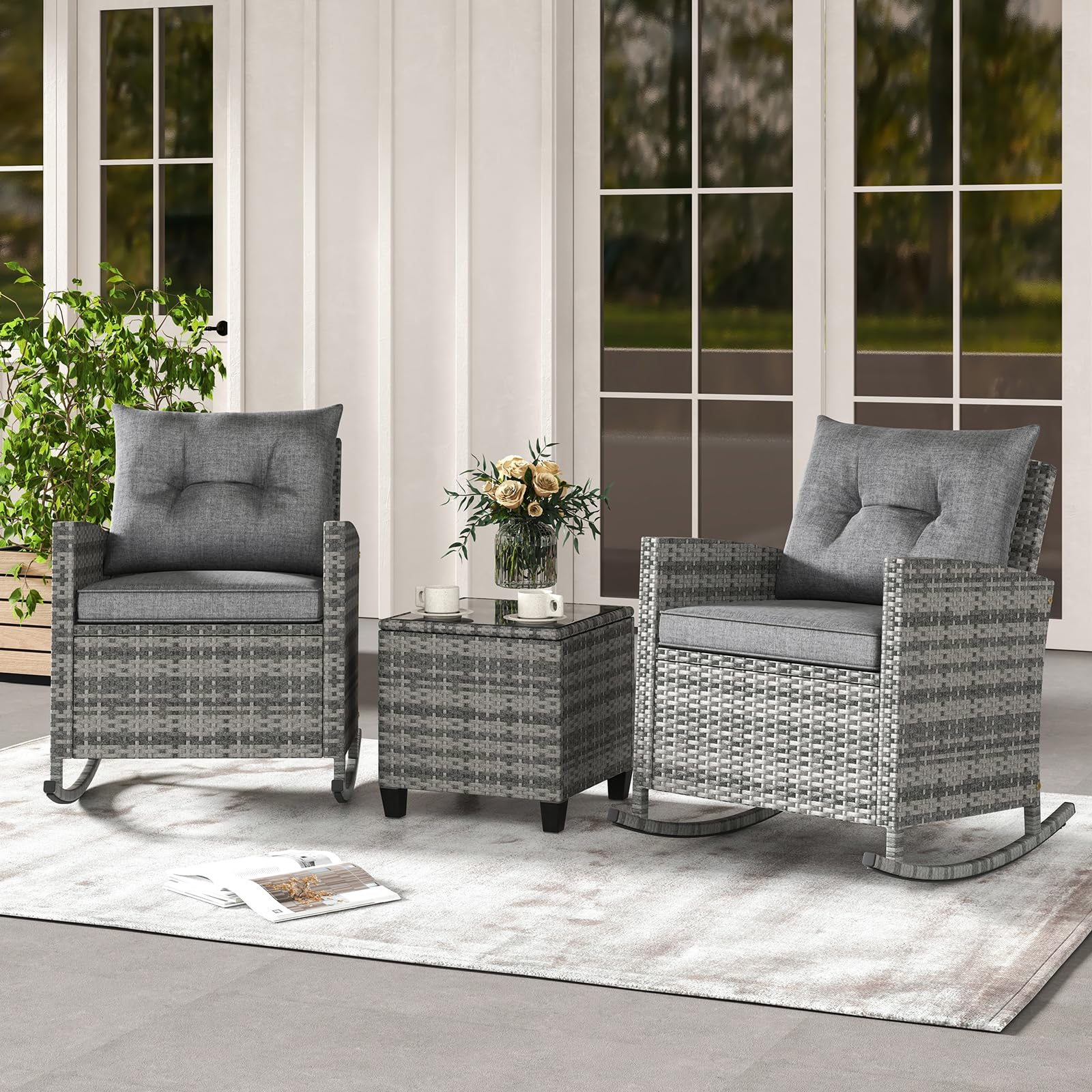 3 Piece Patio Furniture Rocking Bistro Set, Wicker Outdoor Rocking Chairs & Glass Table, PE Rattan Conversation Set for Porch, Balcony, Deck, Poolside (Mix Grey- Grey)
