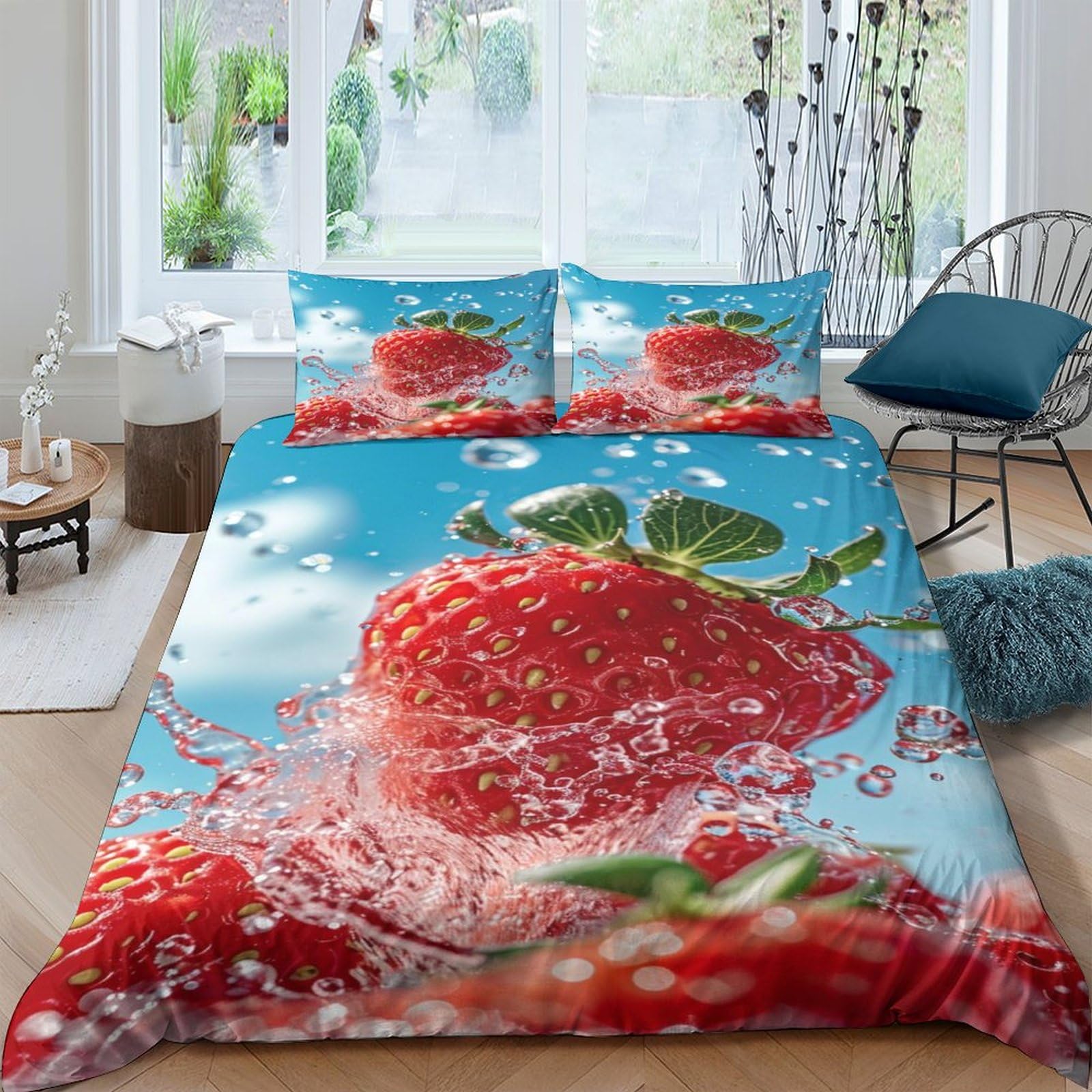 Parure de lit fraises imprimé 3D pour une chambre fraîche et cosy