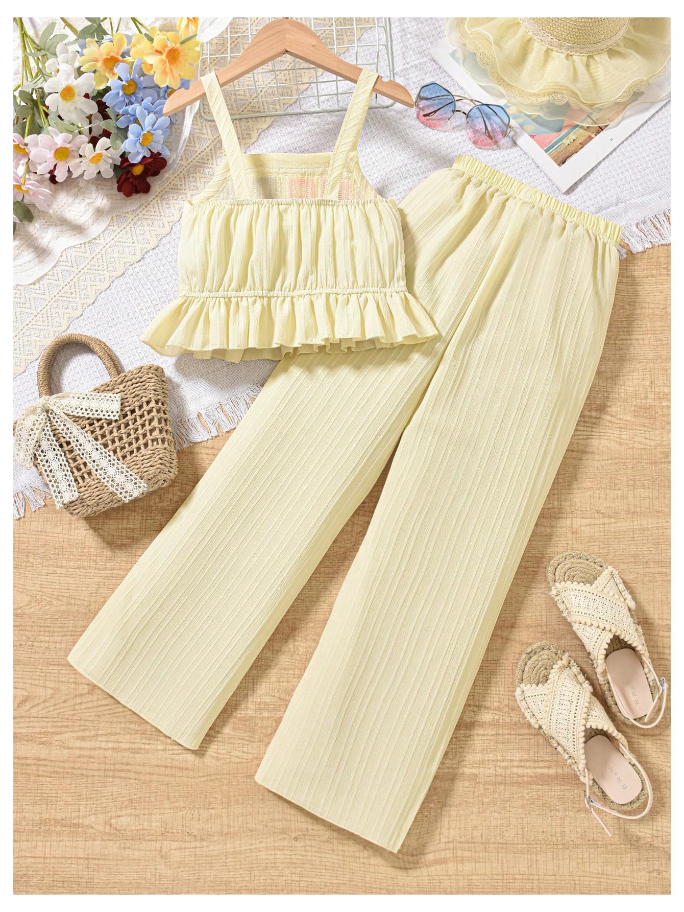 Floerns Conjunto de 2 piezas para niña, camiseta de punto de verano con pantalones de pierna ancha