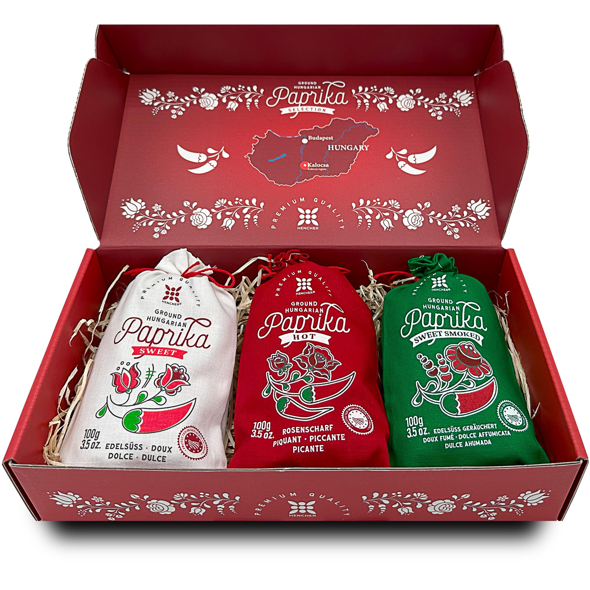 Set regalo di paprika ungherese (3x100 g) importata da Kalocsa, Ungheria, 3 gusti: dolce, piccante e dolce affumicata