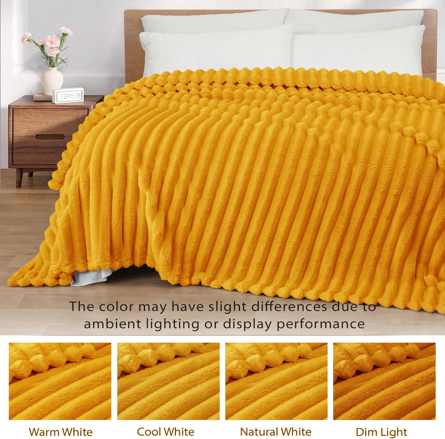 Exclusivo Mezcla Queen Size Flannel Fleece Blanket, Super Soft Striped Jacquard Bed Blanket, Lightweight Fuzzy Cozy for All Seasons, 90x90 Inches, Mustard Yellow - Image 3