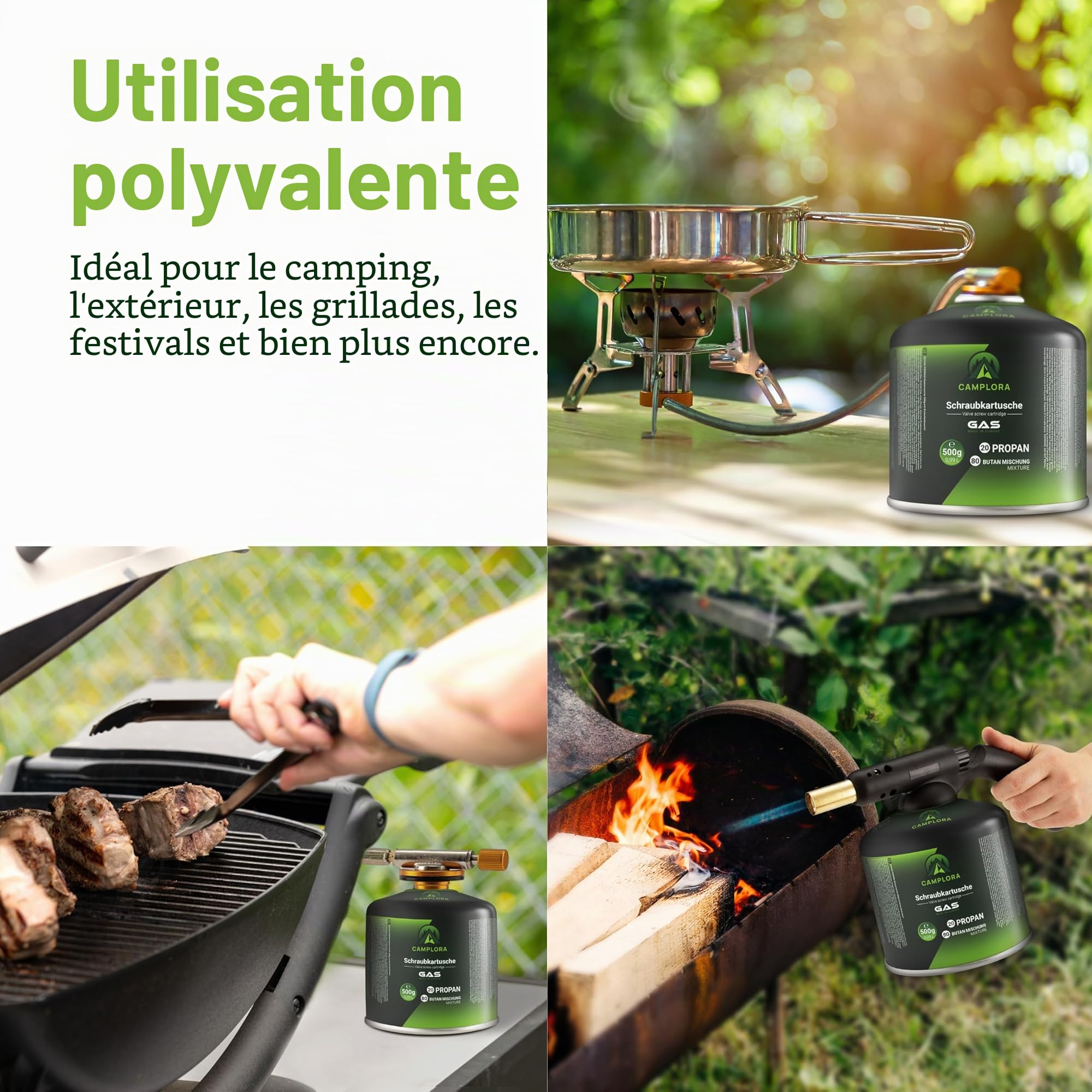 CAMPLORA Lot de 4 cartouches de gaz de 500 g avec valve à vis, propane et butane - Cartouche de gaz à visser avec filetage pour réchaud de camping et barbecue EN417 - Cartouches de gaz à visser