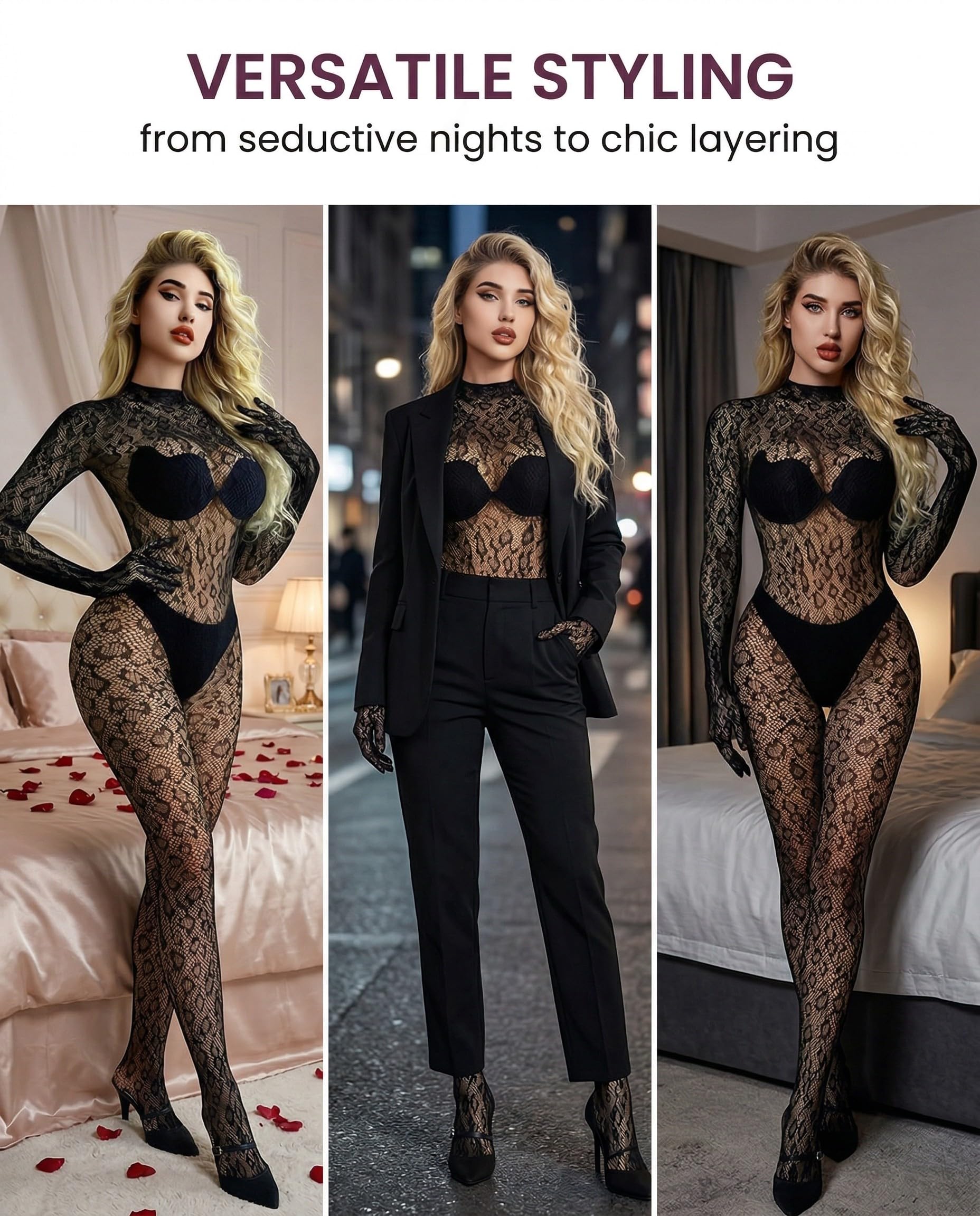 Body Pizzo,Bodystocking Donna Sexy Pizzo Leopardato Rete Trasparente Body Collant Elasticizzato a Maniche Lunghe Night Club Rave Party Biancheria Intima Babydoll Nero