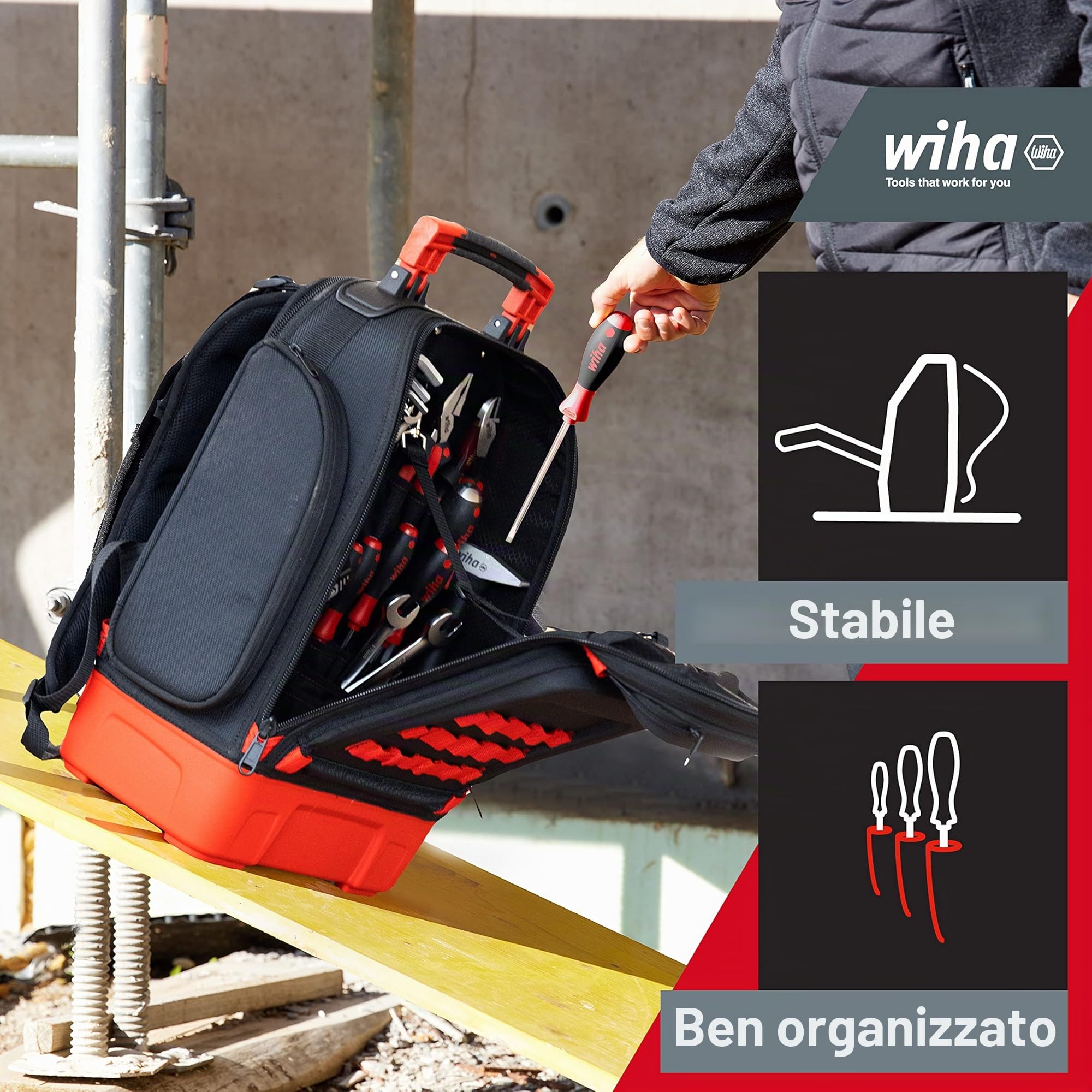 Wiha Zaino meccanico, 43 pezzi, con dotazione di base meccanica, fondo stabile, con scomparto per laptop, tasche per accessori (45529)
