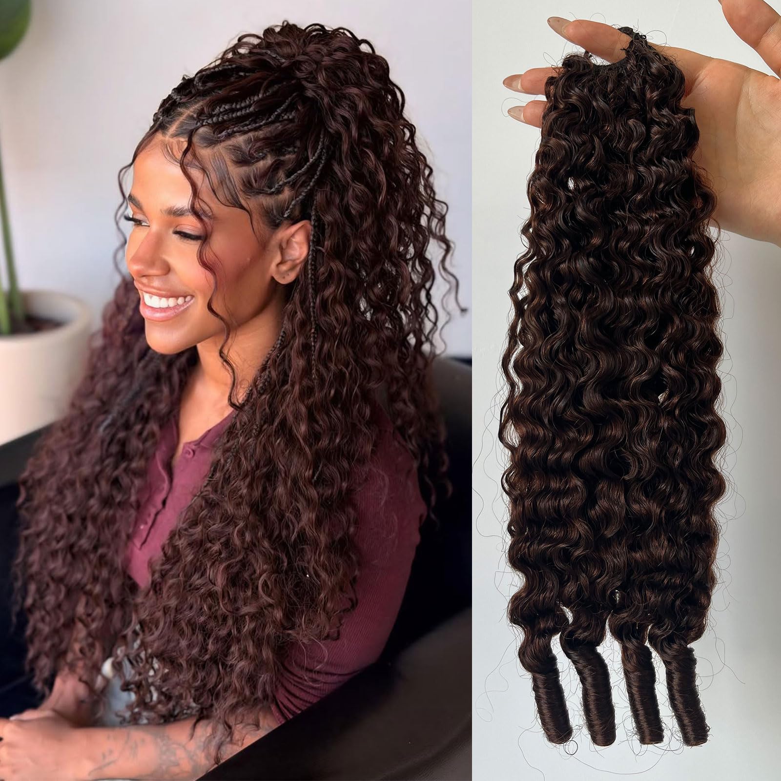 Lot de 50 crochets bouclés à plumes bouclées birmanes - Cheveux humains - Réutilisables - Sans nœuds - Invisible - Préséparés - 61 cm - 60 g - 50 supports pour tresses bohème - Marron
