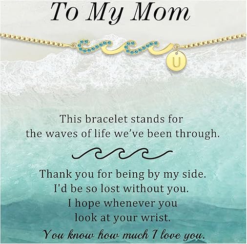 Dainty Gold Bracelet with Initials, Gifts for Women Initial Bracelets for Women Mom Gift Teen Gifts Trendy Stuff Wave Bracelet Grandma Graduation Gifts for Her 2025 Daughter Friend Letter A-Z Birthday Christmas Jewelry