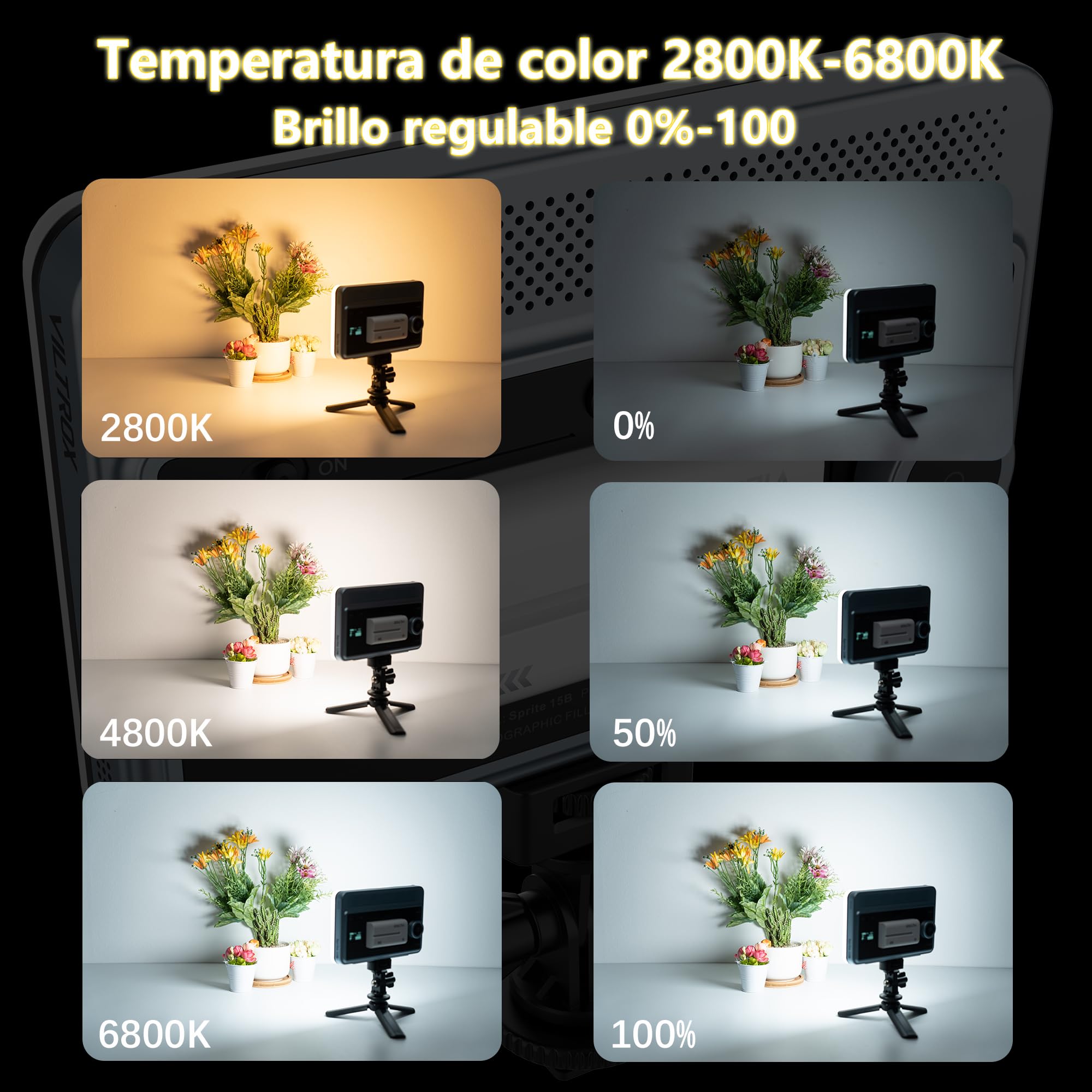 VILTROX Panel LED de 18 W 2800 K-6800 K CRI 95+ en la cámara, luz de video LED de control de smartphone de 1800 lúmenes, lámpara de relleno de fotografía regulable, 10 efectos de iluminación para