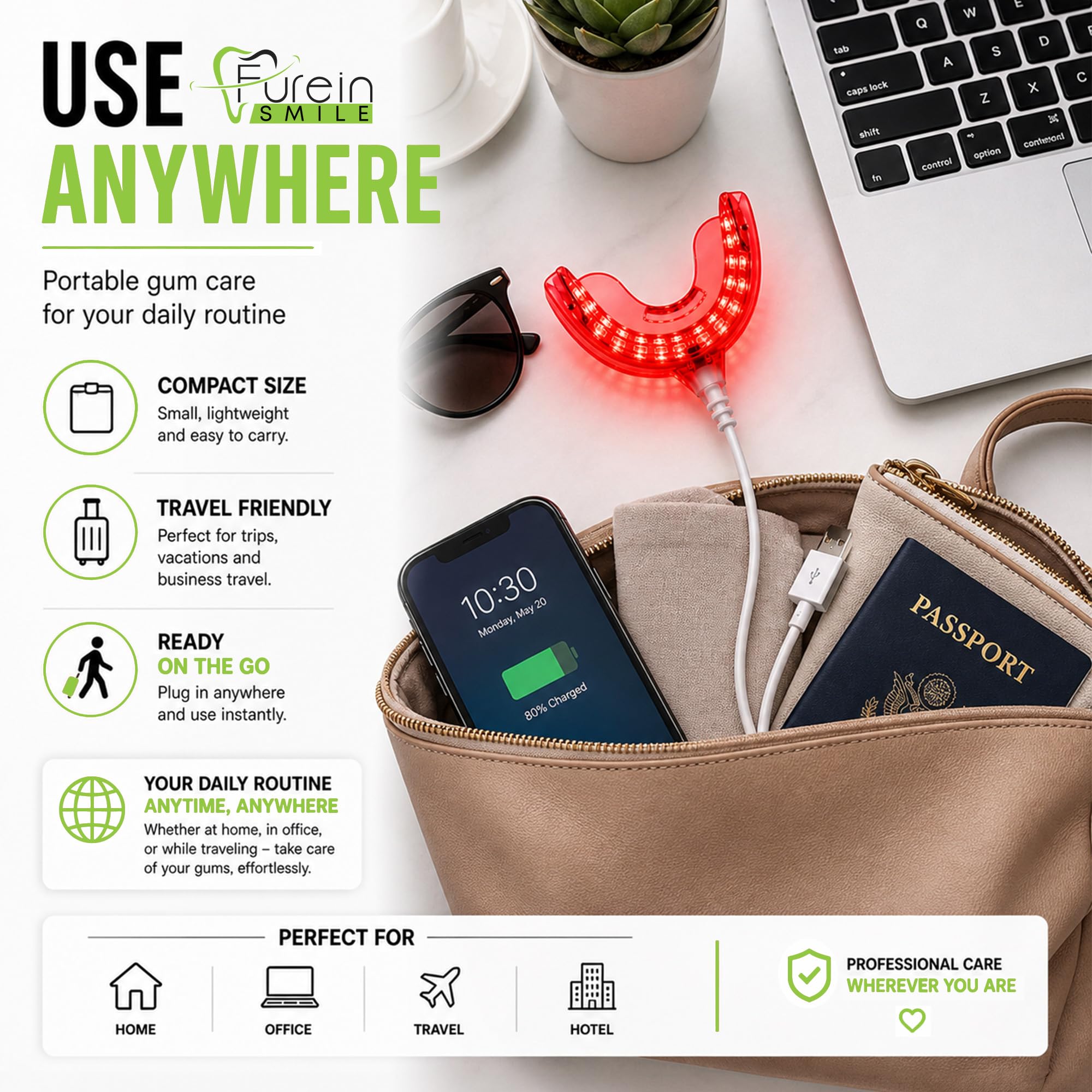Dispositivo oral de luz roja, solución avanzada de terapia de encías y alivio del dolor de muelas, con 32 luces LED. Incluye adaptadores USB, iPhone y Android para un uso cómodo