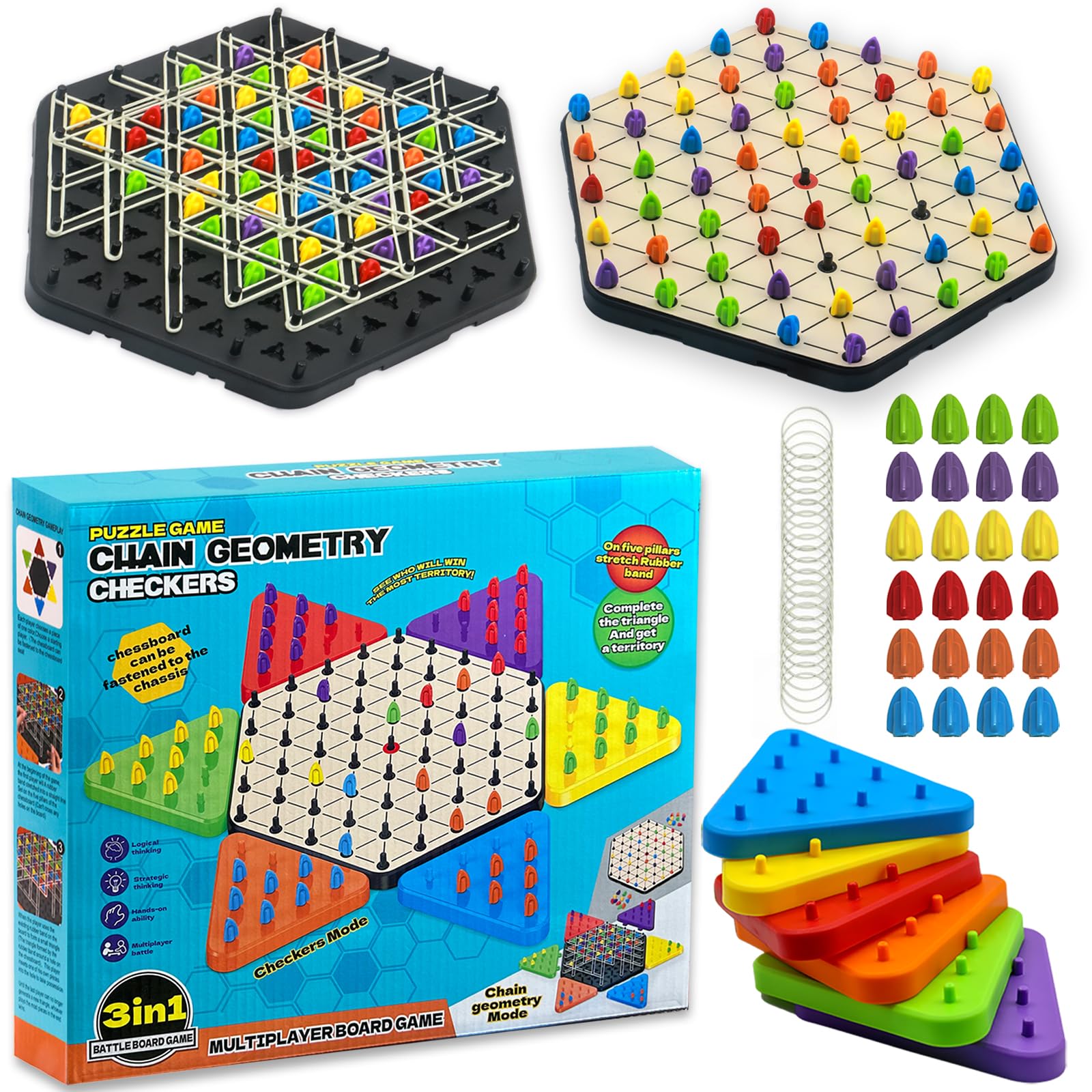 Upgraded Chain Triangle Chess Game, 3-in-1 Multi-Functional Board Games, Chain Link Game, Chinese Checkers, Educational Toy for Adults and Kids Age 3+, 2-6 Players, Fun for Family, Grandson, Party