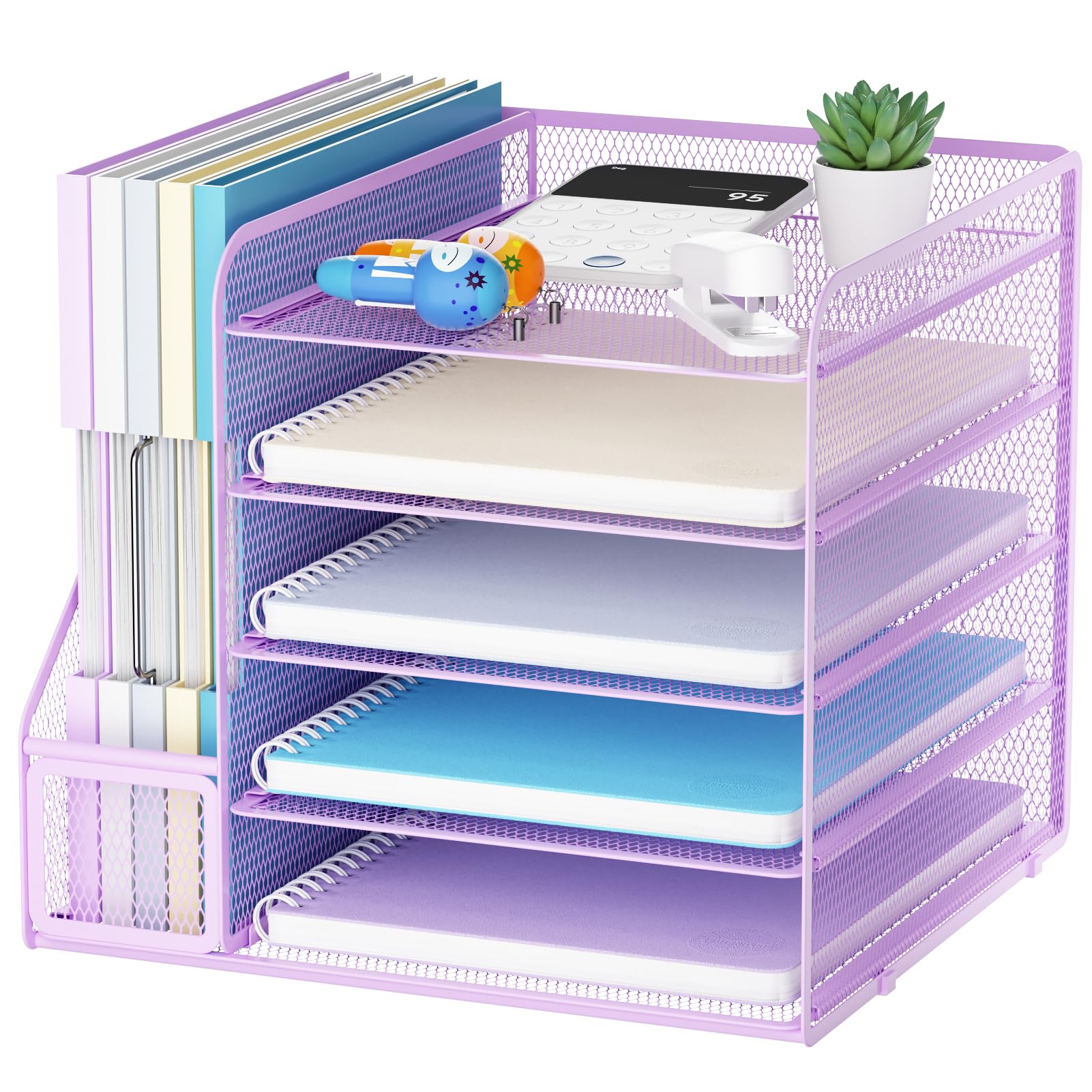 Marbrasse Desk Organizer and Office Accessories,5-Tier Paper Letter Tray Organizer with File Holder,Mesh Desktop Organiser for Office Supplies & Desk Tidy Organiser (Purple)