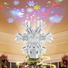 Christmas Tree Topper with Rotating Projector Lights, Silver Decorative Snowflake Tree Topper with LED Lights, Snowflake & Santa Projection, for Holiday Decor