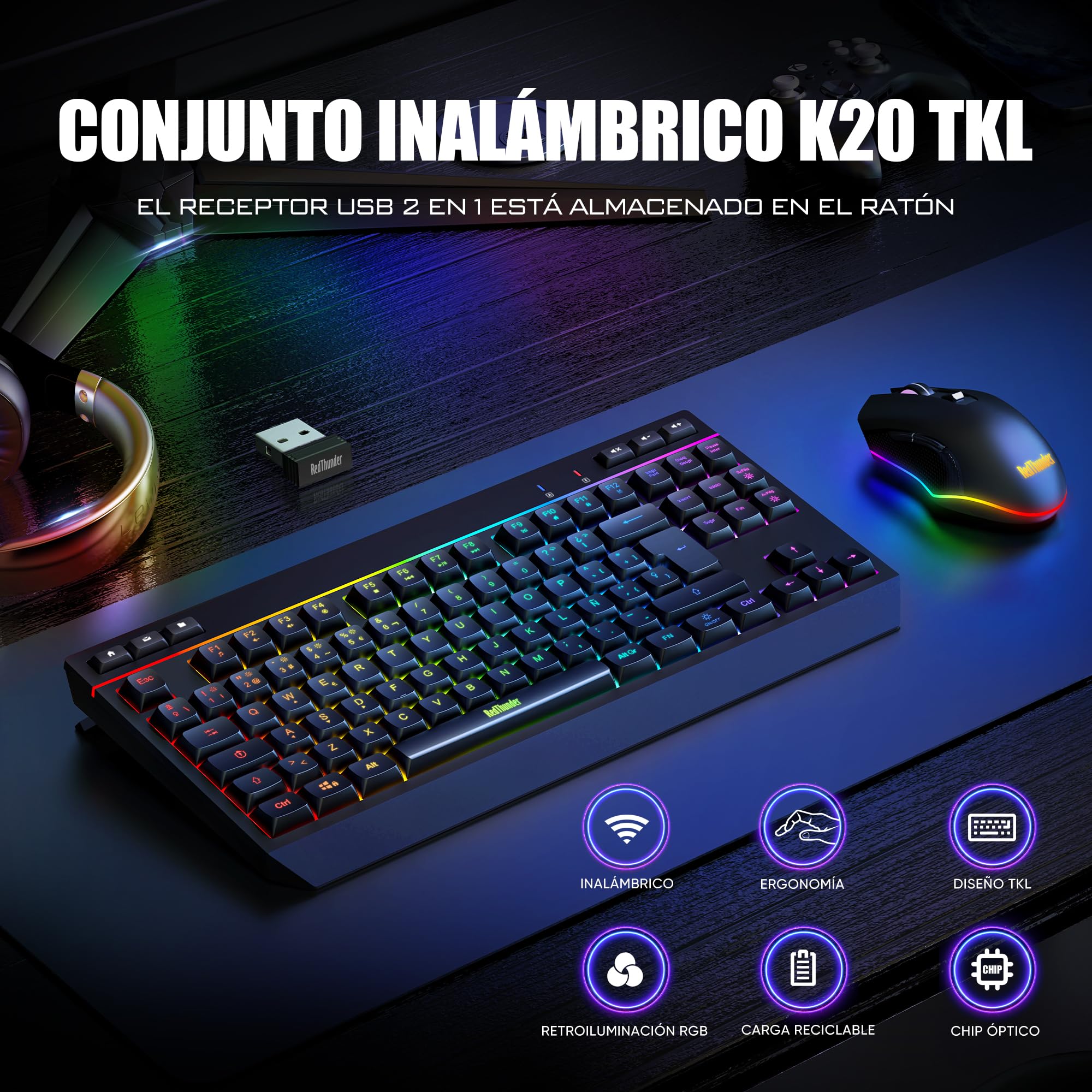 RedThunder K20 TKL Teclado Gaming Inalámbrico, Retroiluminación RGB Ajustable y Batería Recargable, Diseño Compacto con Disposición QWERTY ES y 6 Teclas Multimedia, Teclado USB para PC/Mac (Negro)