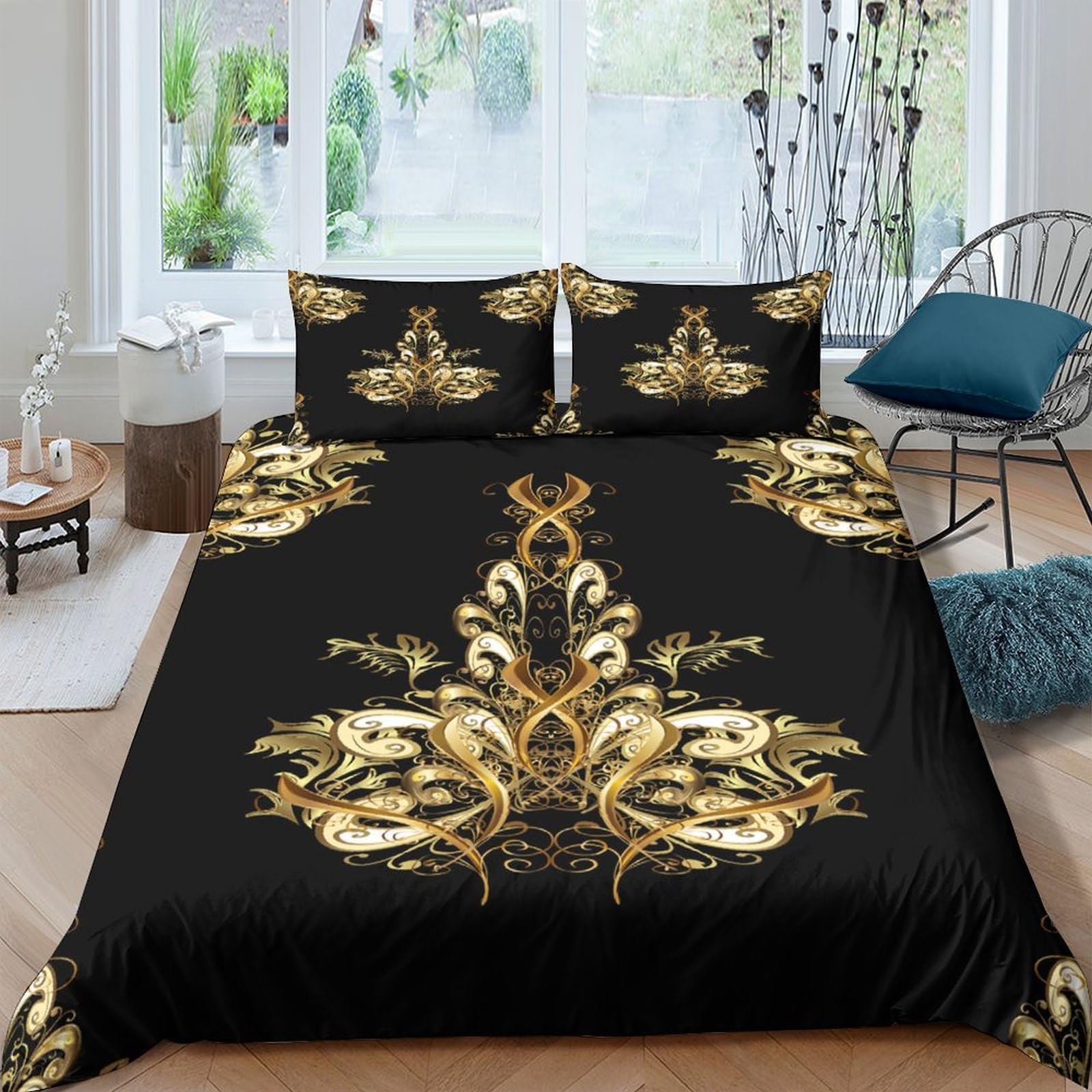 XFKLYNVCJ 3D Printed Ornate gold Quilt Cover Polyester Baroque decorative pattern Bedding Cover Breathable Soft Durable Quick Drying Machine Washable for All Season Home Use Single（140x200cm）