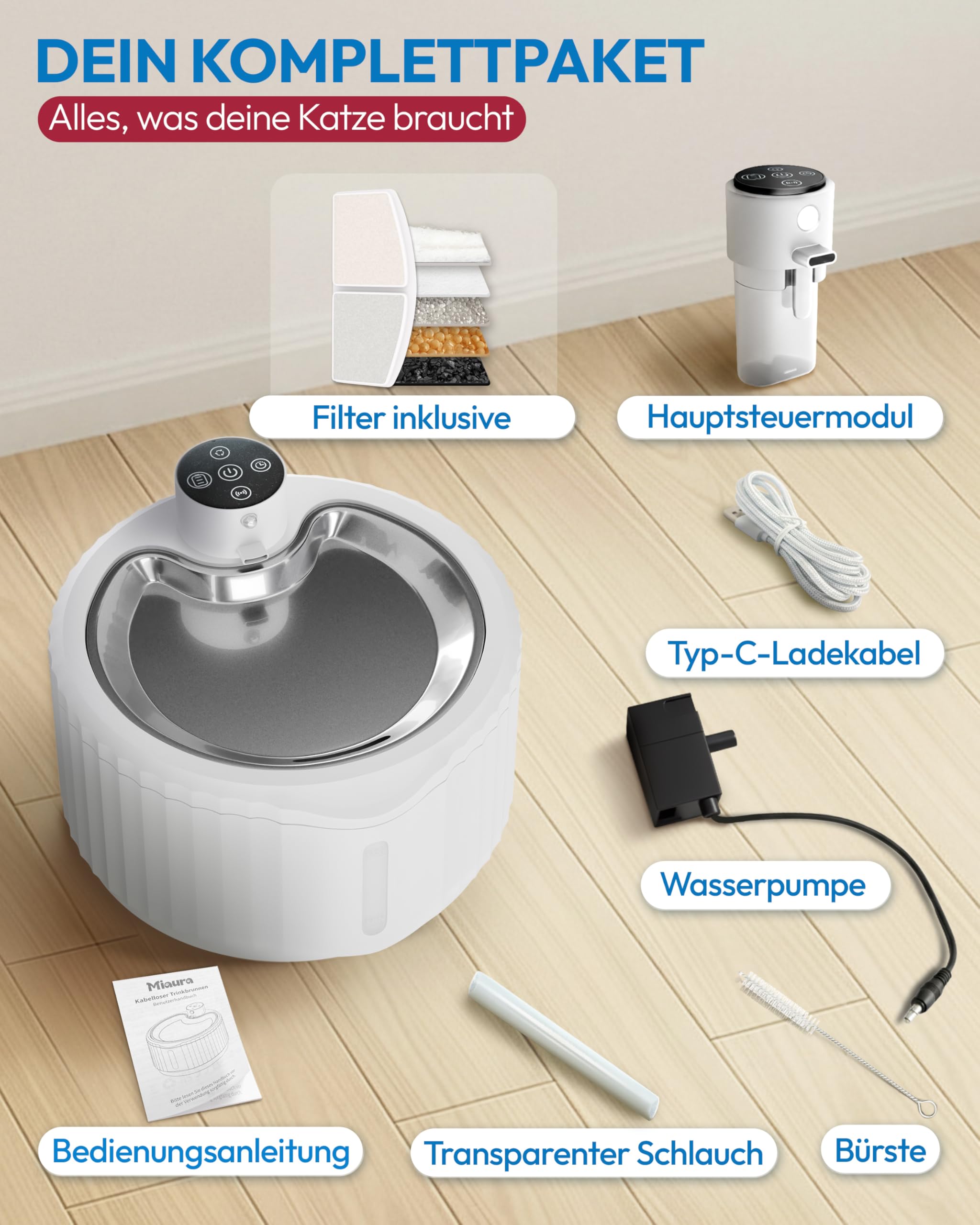 Miaura® Fontaine à eau pour chat sans fil et super silencieuse - Fontaine à boire pour chat 2,8L de capacité - Fontaine à eau pour chat avec détecteur de mouvement - Fontaine à eau pour chat avec une