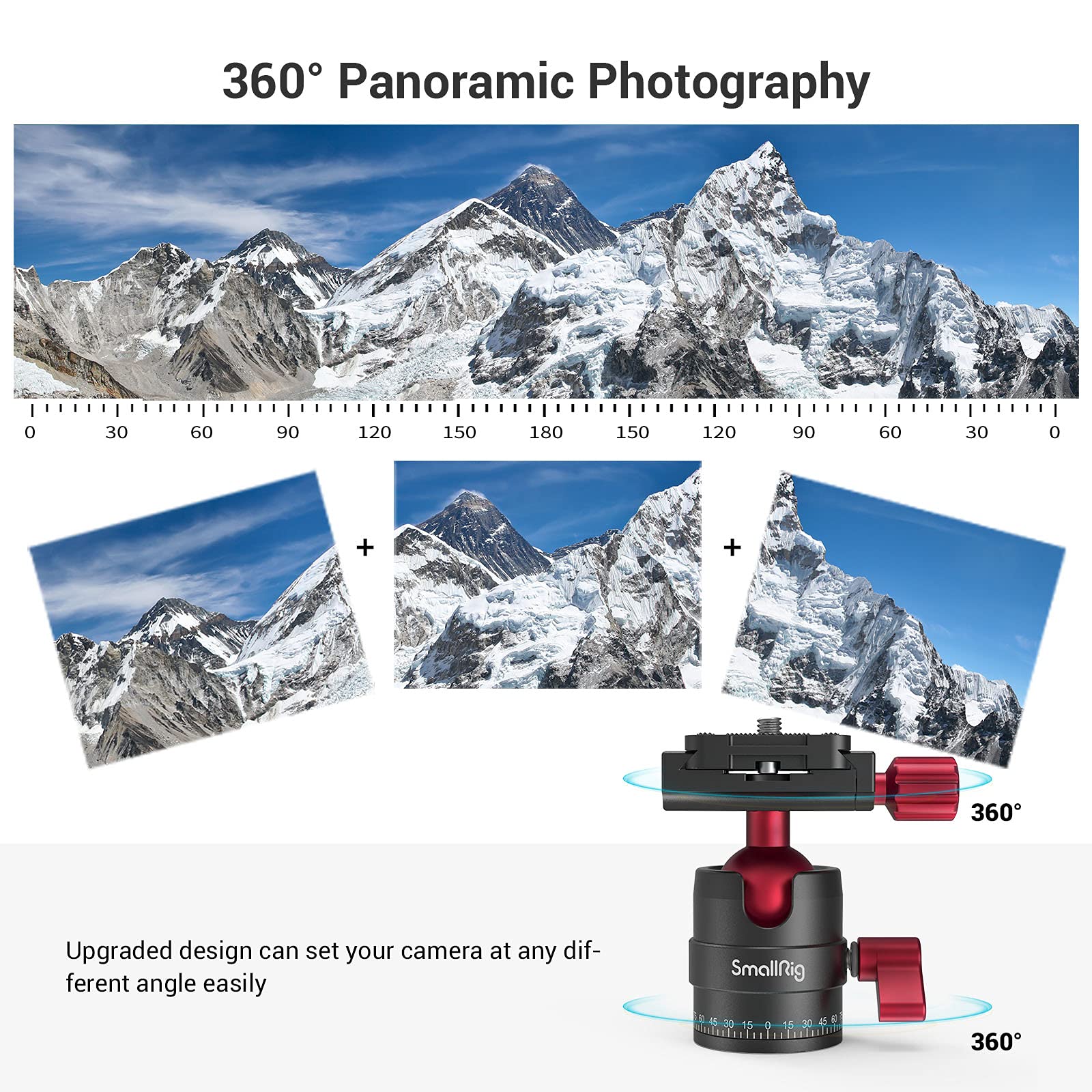 SMALLRIG Głowica kulowa 360° z mocowaniem śrubowym 1/4 cala, aluminiowa mini głowica statywu, udźwig 8 kg, do Canon/do Sony/do Nikon/do Panasonic/DSLR//smartfonów - 3034