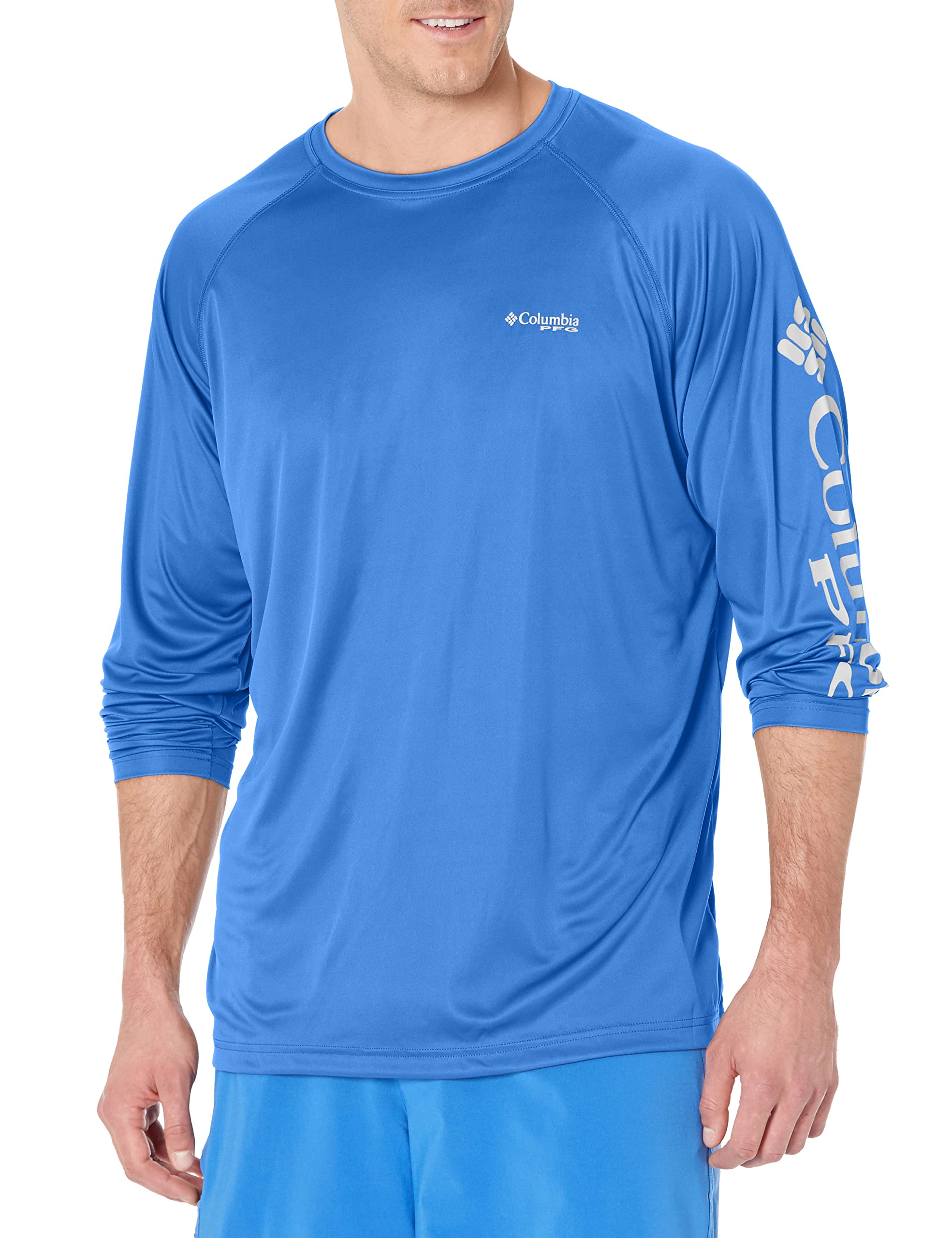 Columbia Men's Terminal Tackle Long Sleeve Shirt, Vivid Blue/Cool Grey Logo, 4X Tall