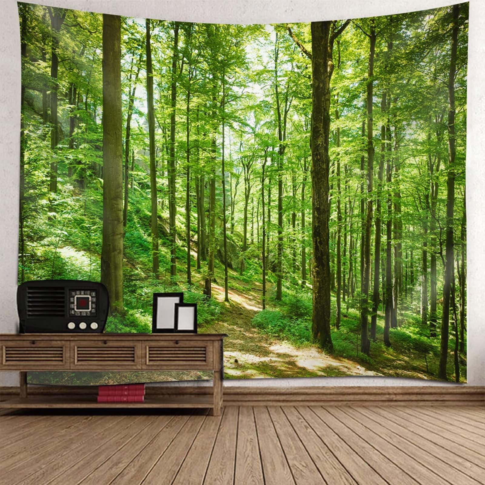 Tapiz de pared para dormitorio, 300 x 256 cm, color verde natural, diseño de árbol, color verde