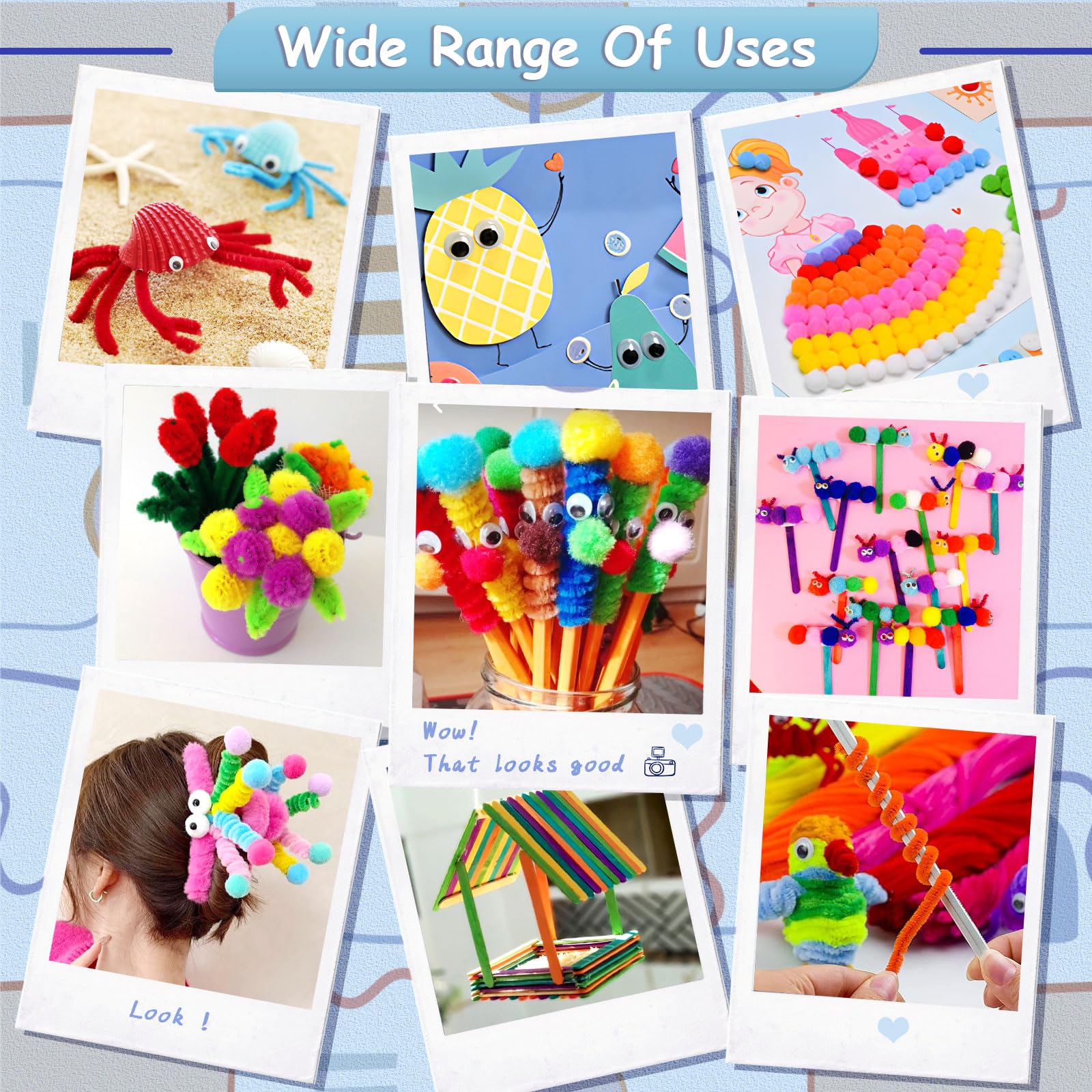 Purpledi Kit Bricolage 3600+ Activites Manuelles pour Enfants, Pipe Cleaners Crafts Set, Fournitures Éducatives, Loisirs Créatifs pour Enfants, Pompons, Yeux Gluants, Plumes，Bleu