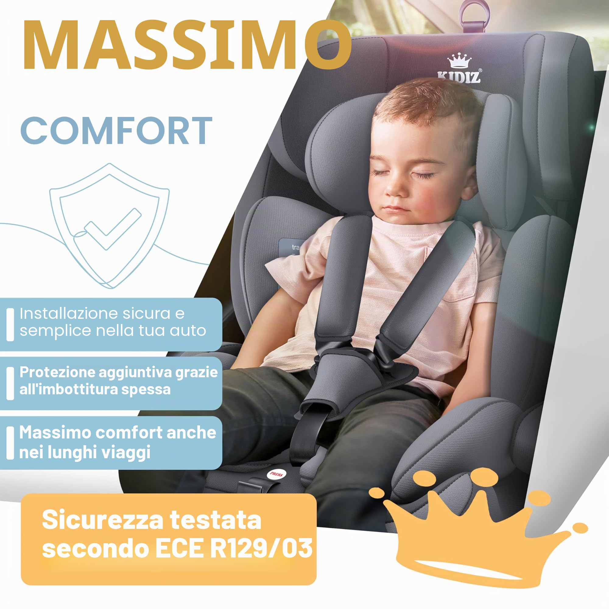 KIDIZ Seggiolino auto per bambini con Isofix, gruppo 1 + 2 + 3, 9 – 36 kg, cintura di sicurezza a 5 punti, seggiolino auto, seggiolino auto, poggiatesta regolabile, rialzo per 1 – 12 anni, stabile e