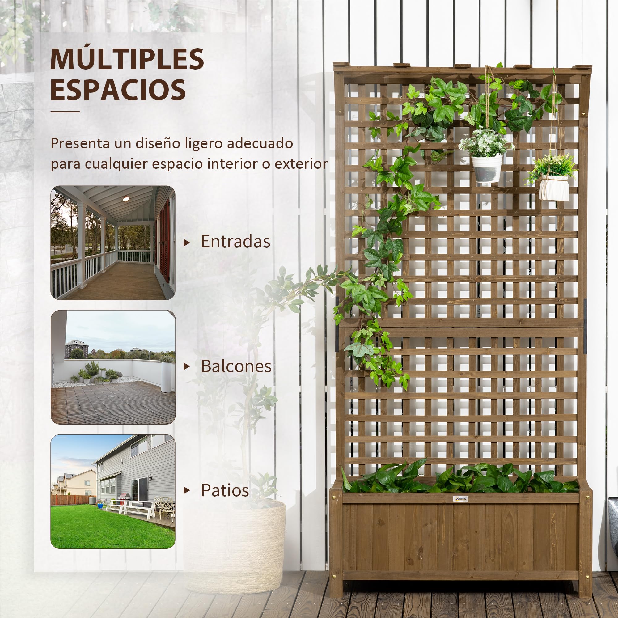 Outsunny Jardinera con Enrejado de Madera Macetero de Jardín con Soporte para Trepadora Cultivo de Plantas Flores Jardinera con Celosía para Exterior Patio Terraza 90x45x183 cm Marrón